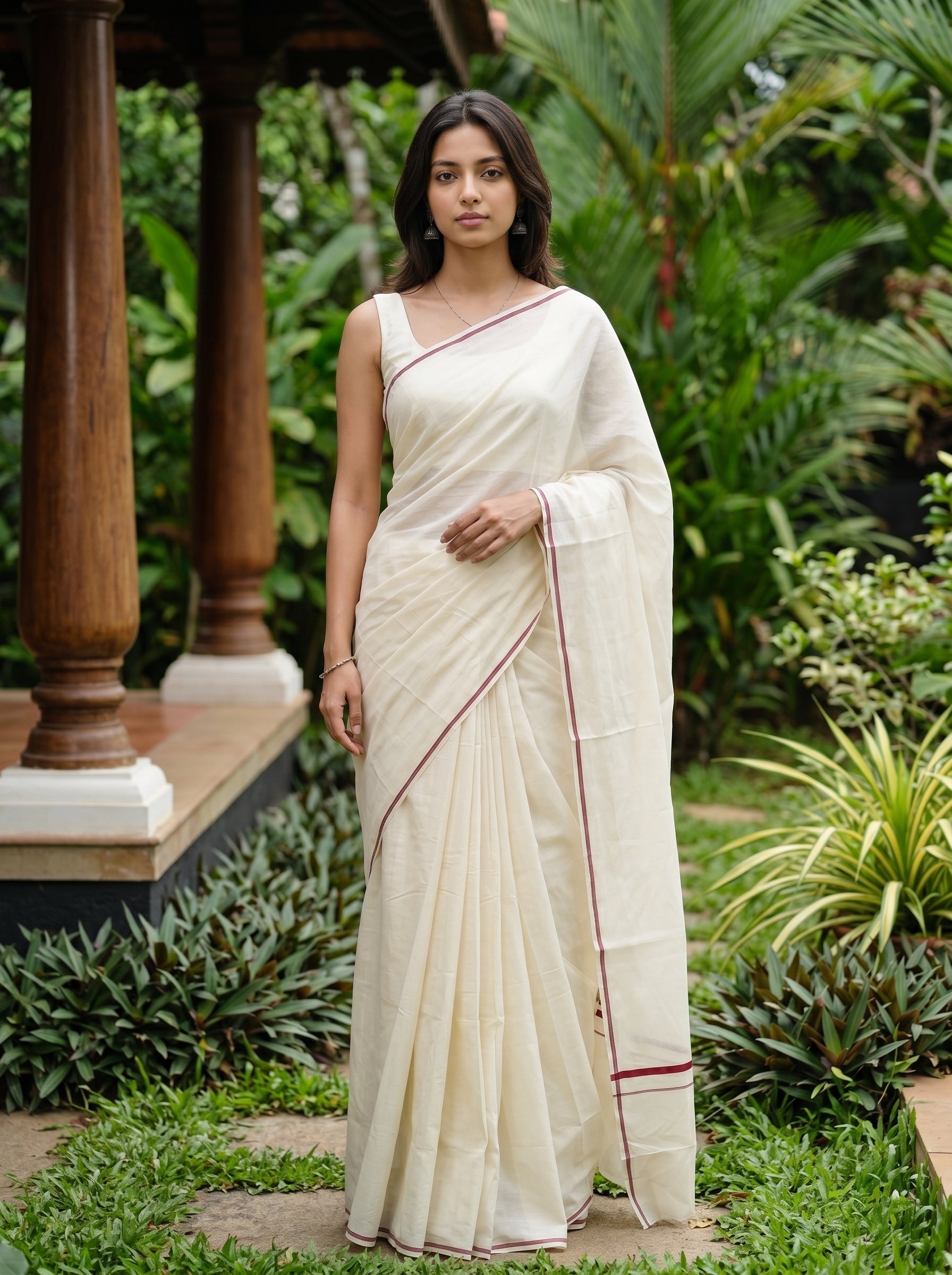Woman in a white saree with red border standing in a garden setting