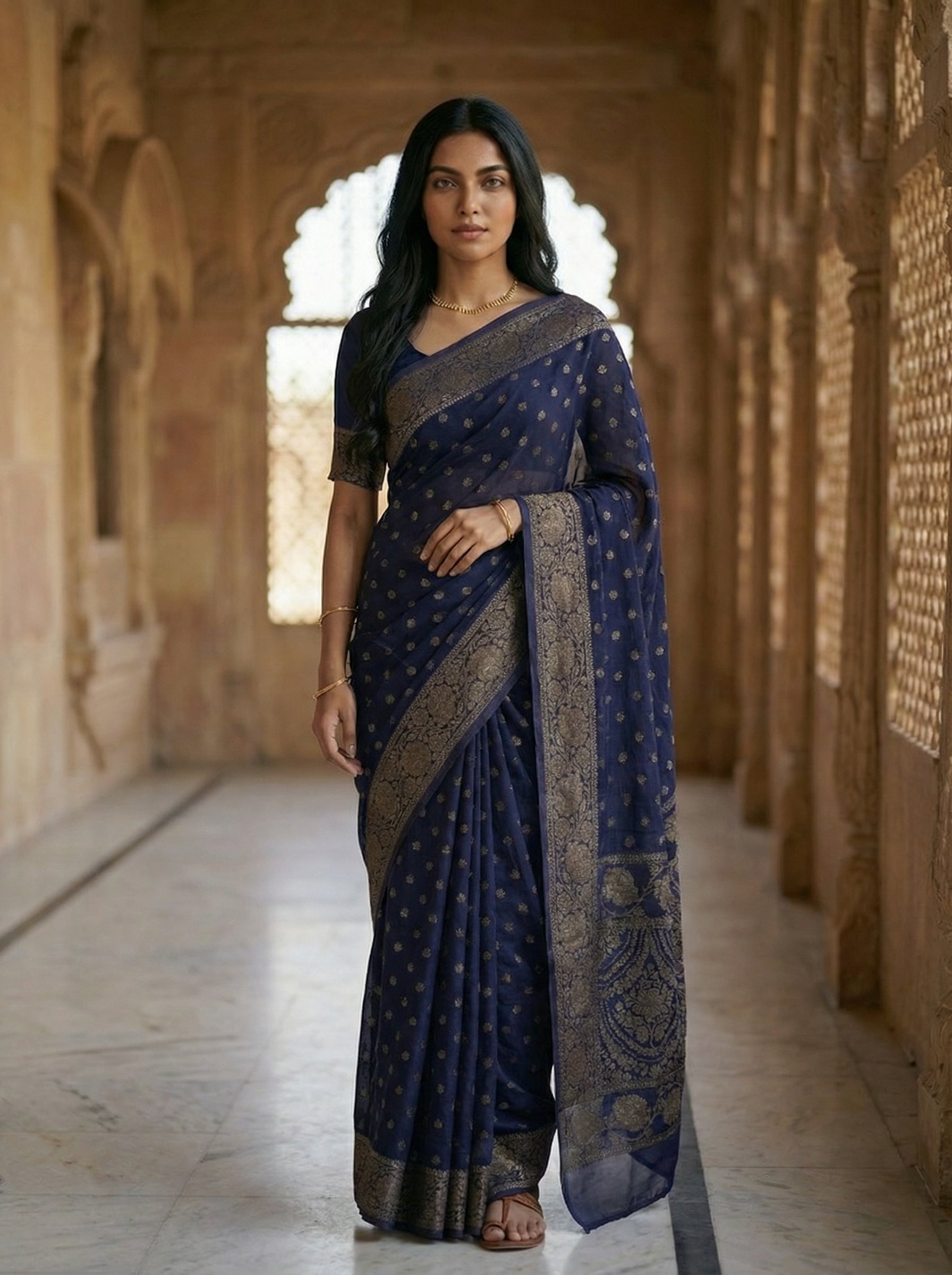 Georgette Banarasi Navy Blue Saree with Elegant Gold Zari Butta and Rich Border