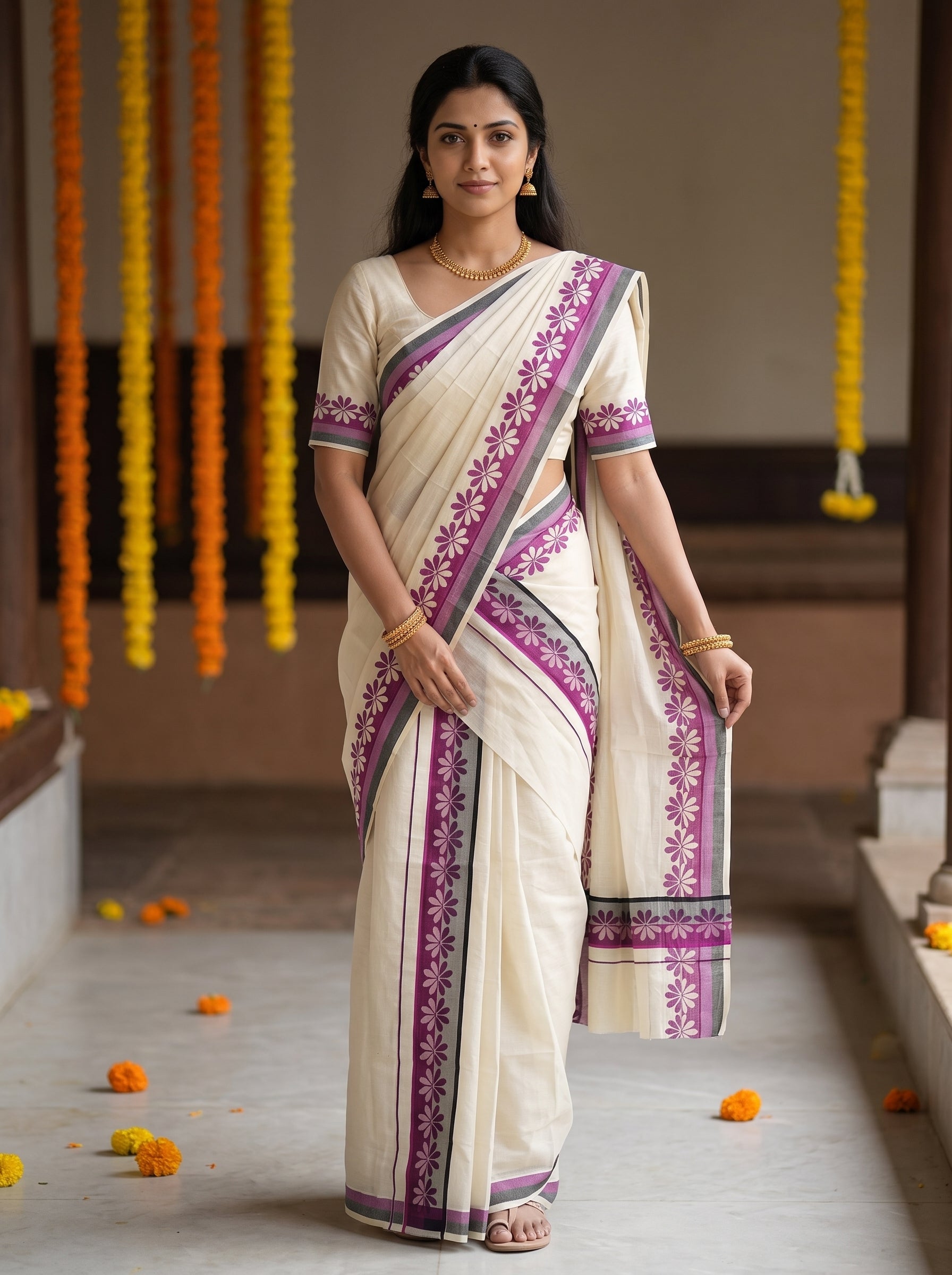 A woman wearing a cream-colored traditional Indian saree with purple and green border patterns, standing in a corridor decorated with hanging marigold garlands.