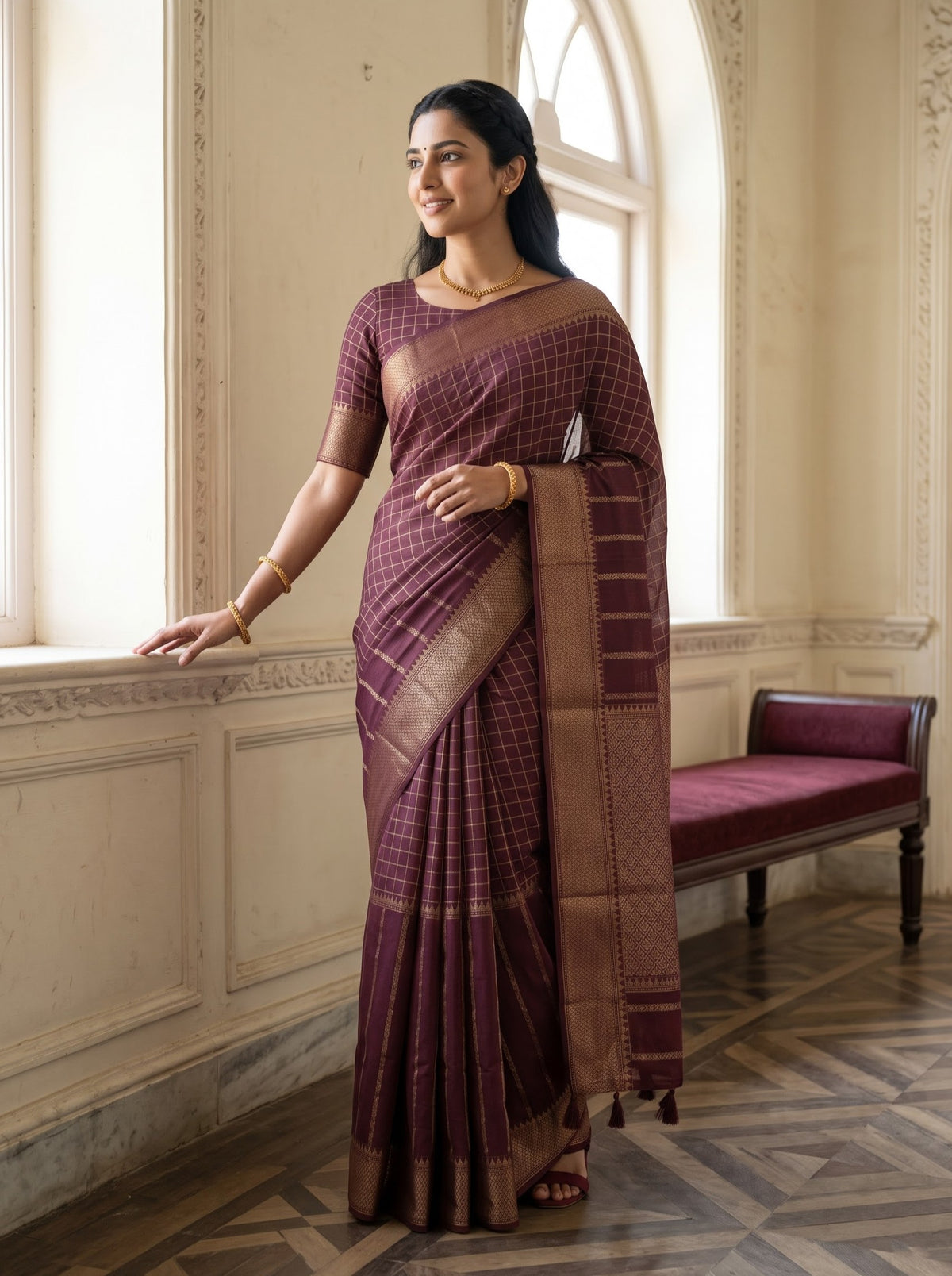 Matka Maroon Silk Saree with Checkered Stripe Zari Border