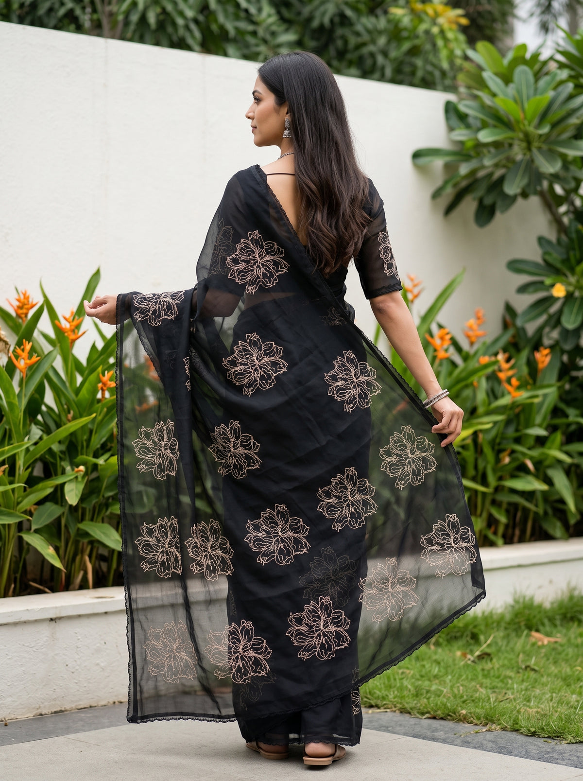 Organza Black Saree with Golden Floral Outline Embroidery