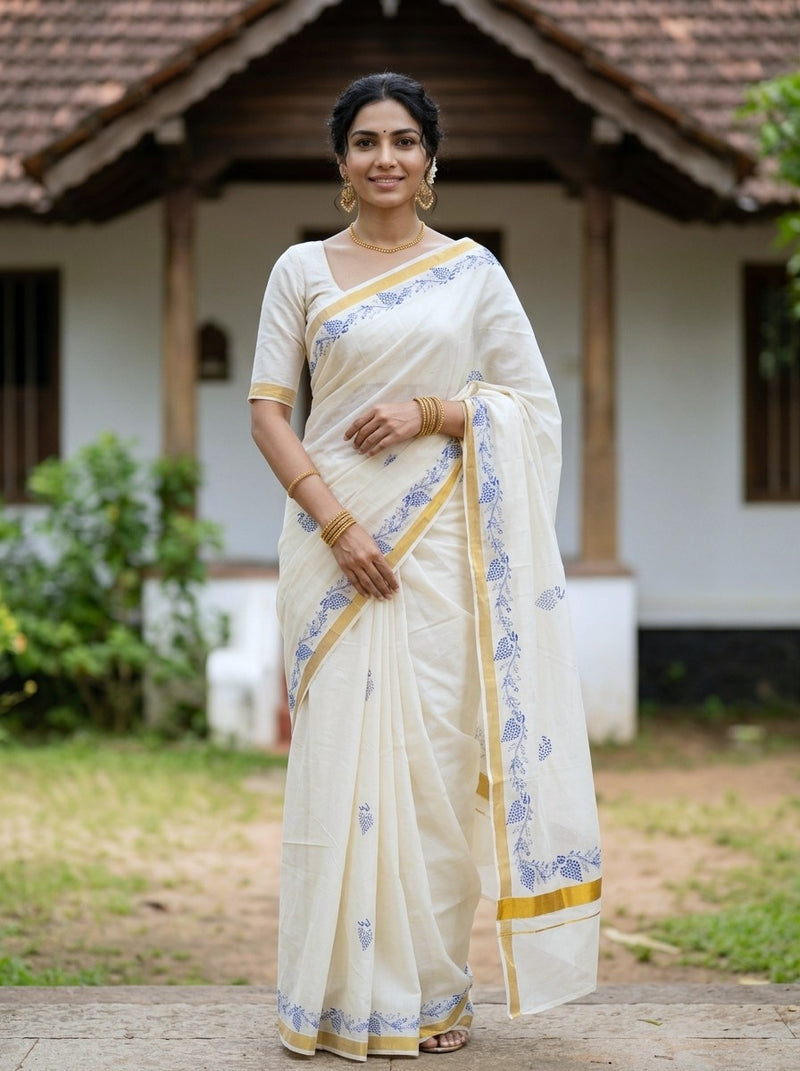 A woman wearing a cream-colored cotton saree with blue floral patterns and gold borders, standing outdoors in front of a traditional house.
