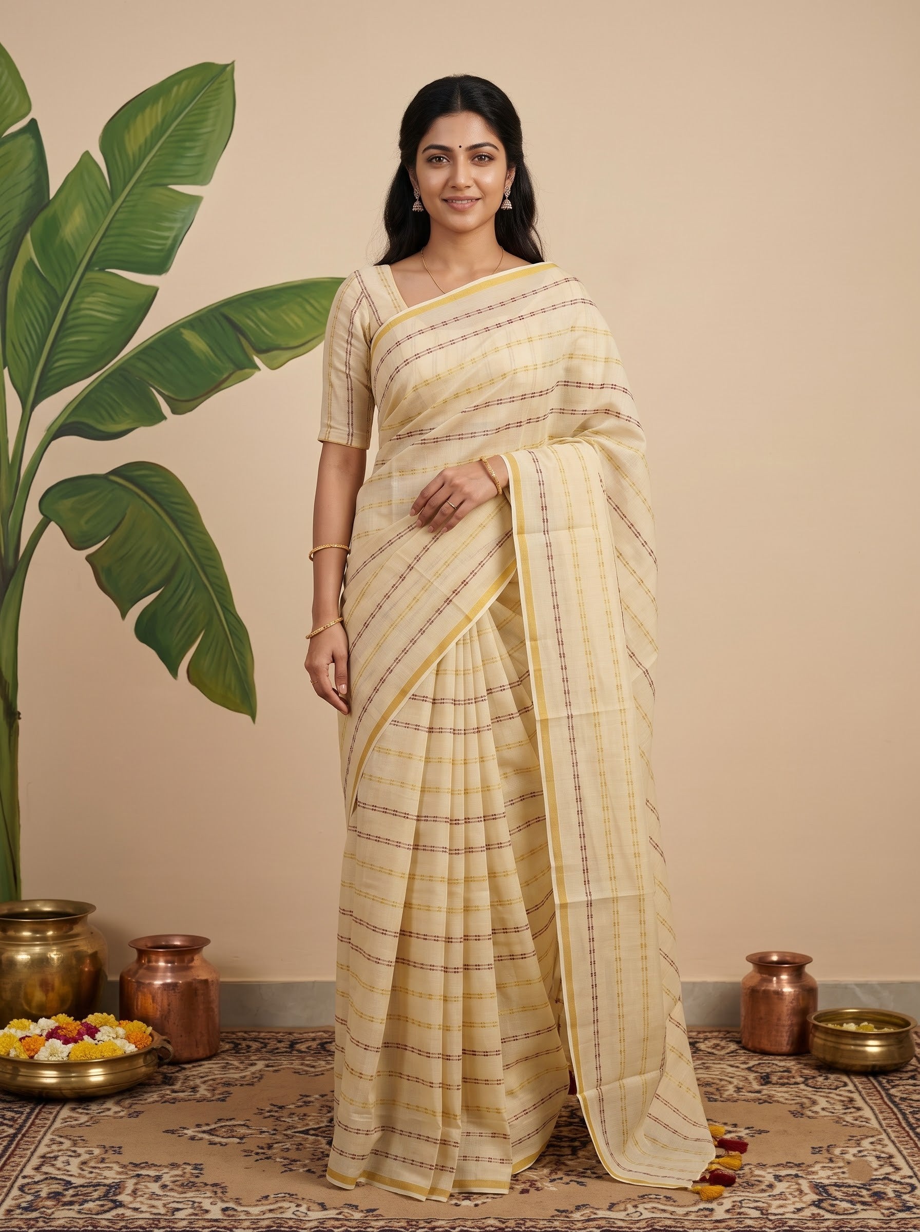 Tissue Cream Horizontal Stripe with Golden Border and Chain Motif Onam Special Kerala Saree