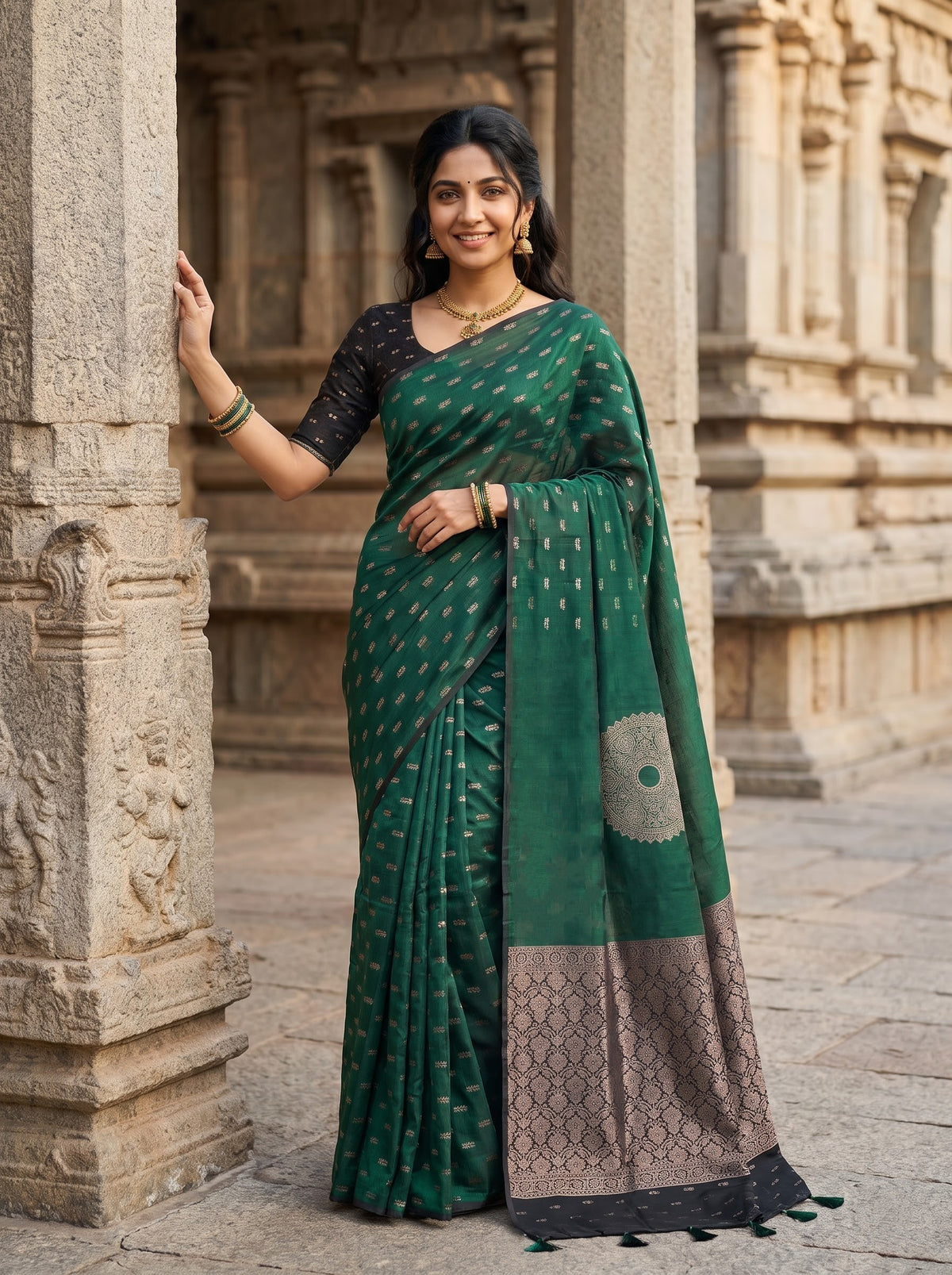 Cotton Silk Bottle Green Golden Mandala Black Brocade Pallu