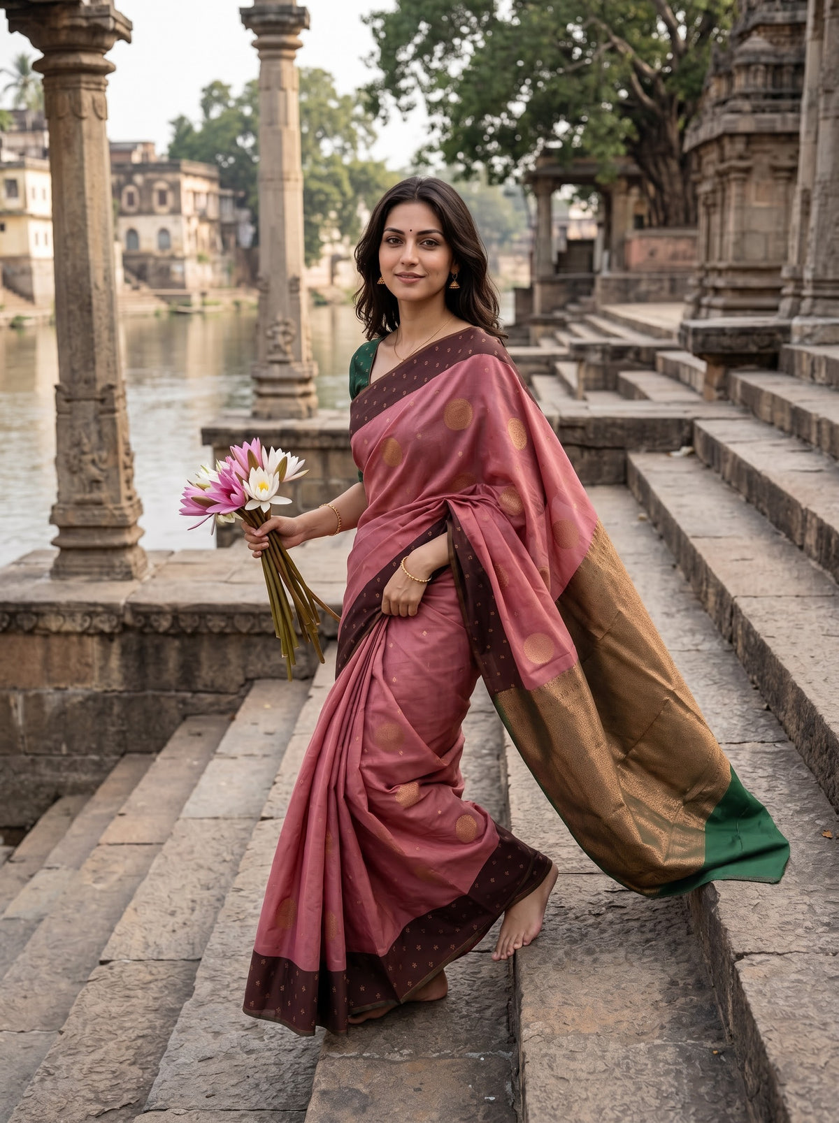 A woman wearing a dusty pink and gold saree with a dark border walks down stone steps outdoors near water and ancient pillars, holding a bouquet of pink flowers.