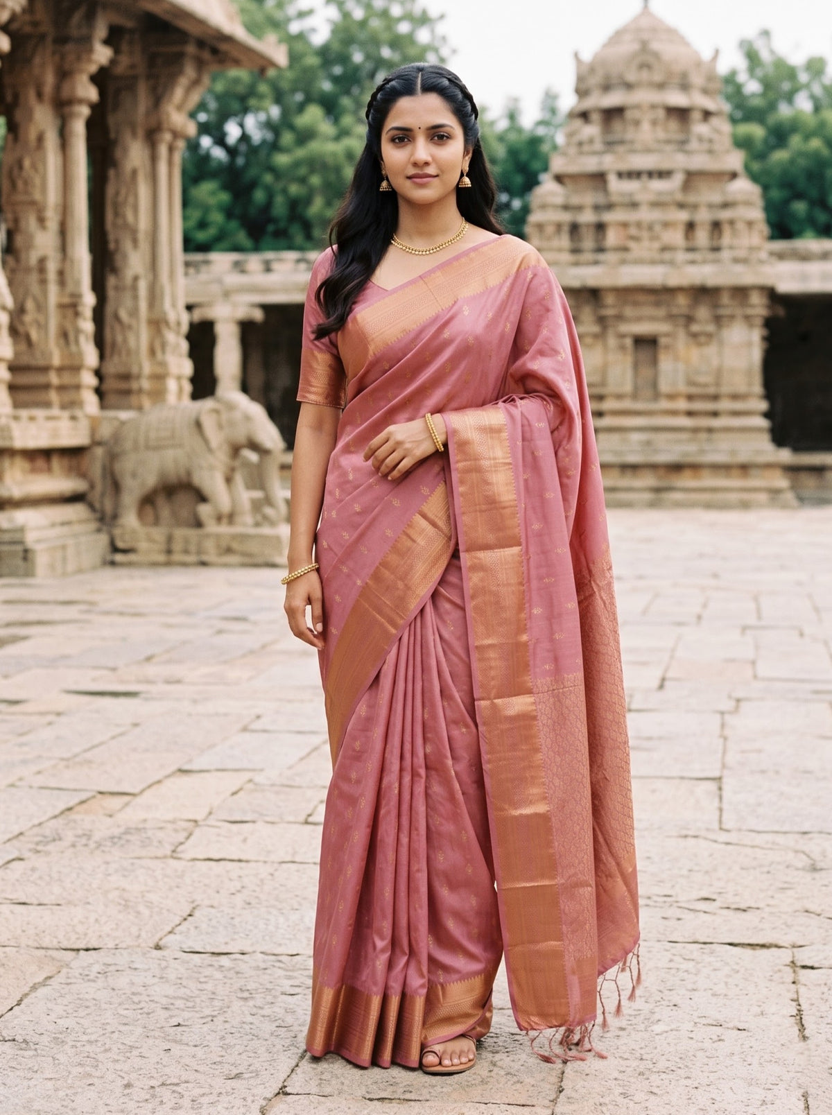 Semi Silk Dusty Rose Pink Copper Zari Jaal Pallu Saree