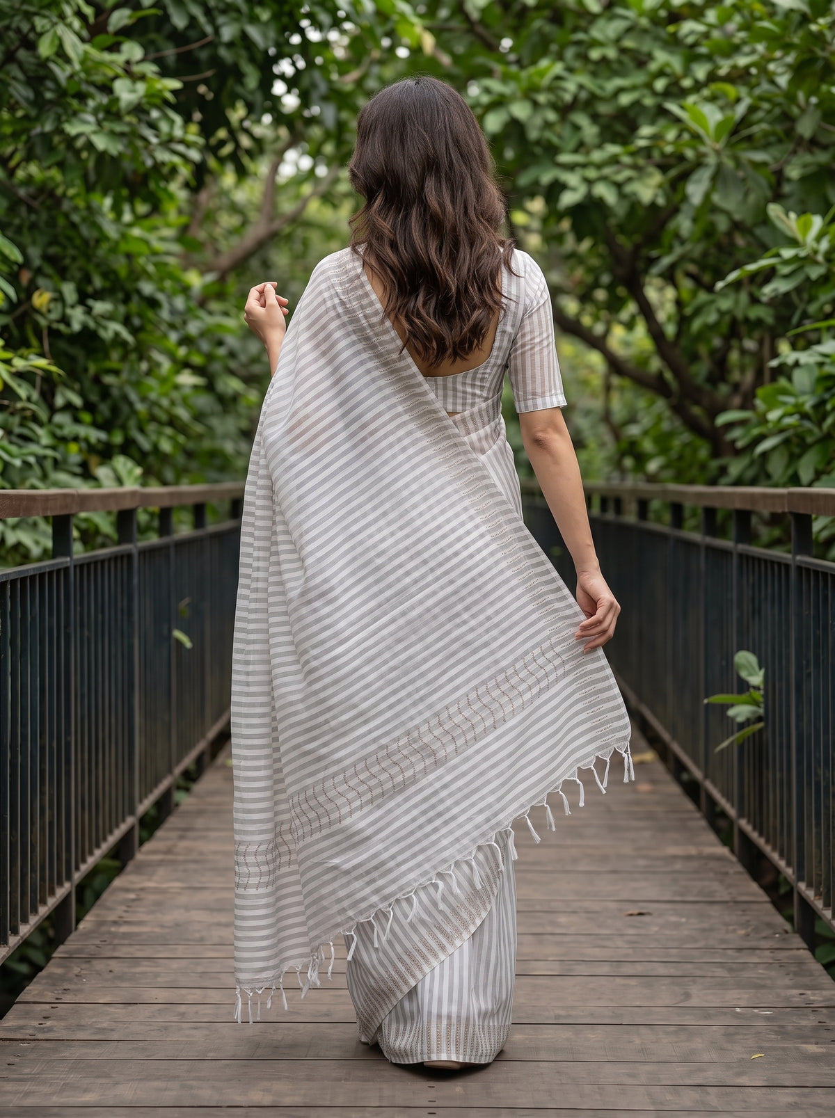Tissue Silk Grey Striped Saree with Sequin Wave Design