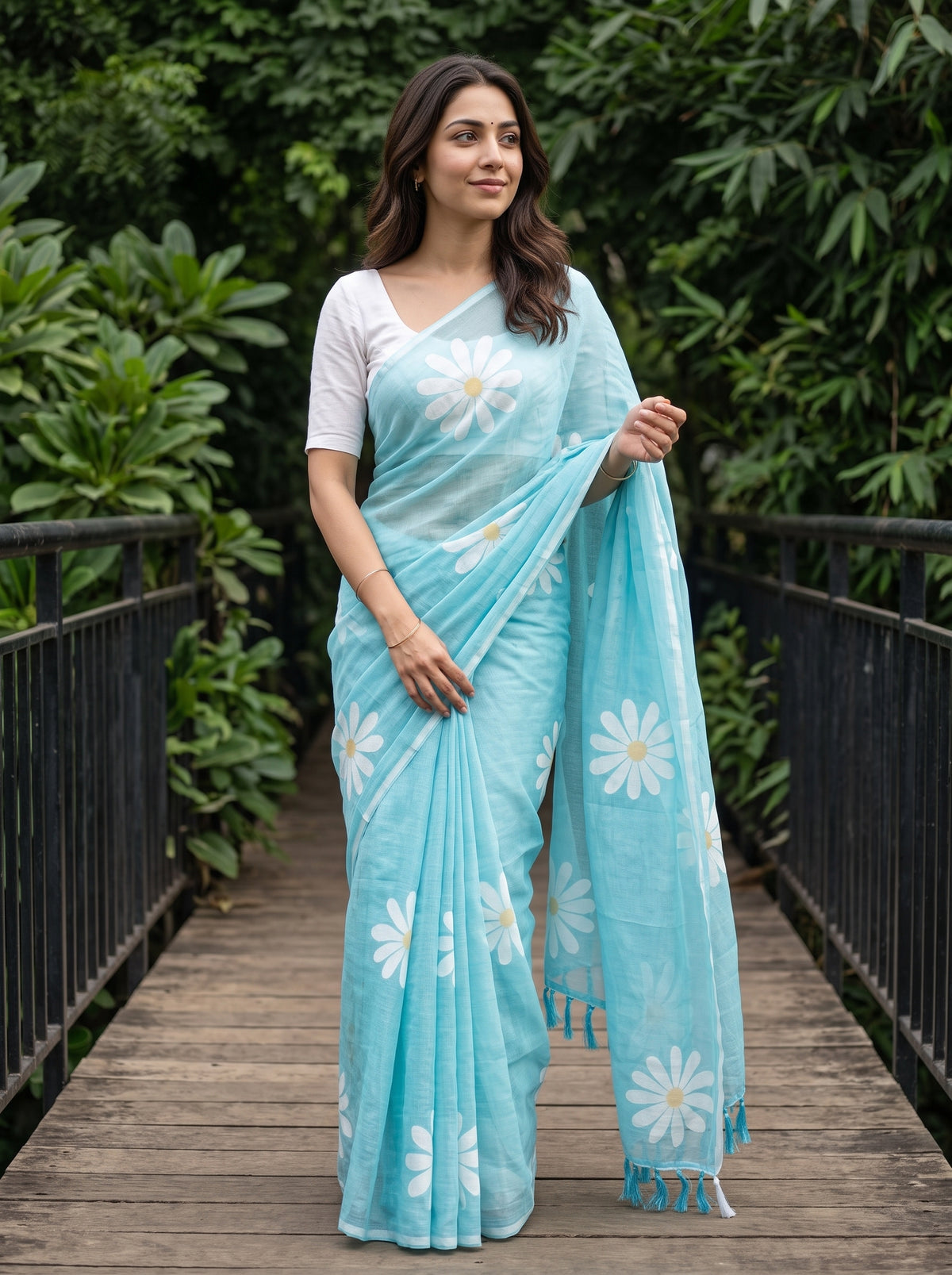 Cotton Turquoise Saree with White Daisy Floral Print