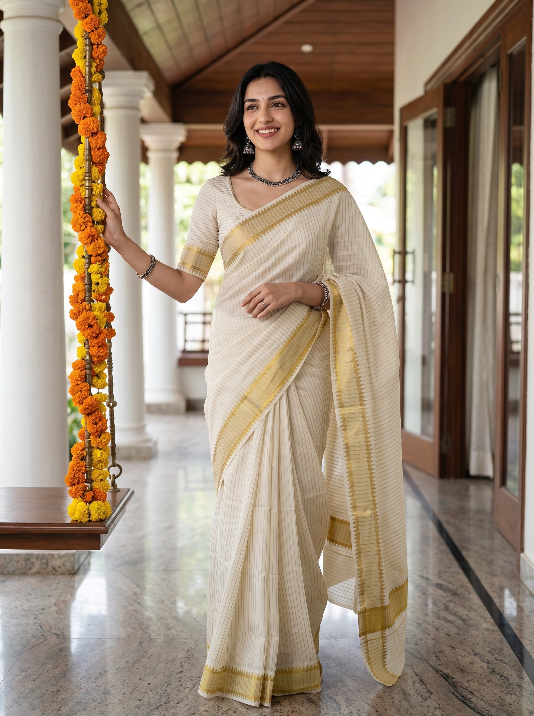 Cotton Cream Golden Pinstripe Zigzag Border Onam Special Kerala Saree