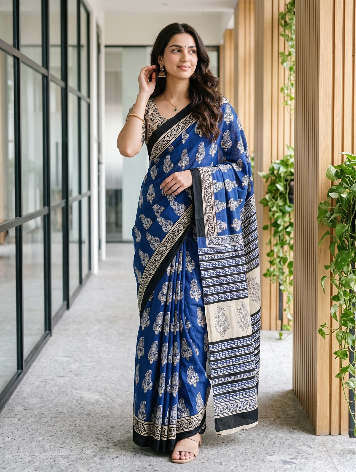 Cotton Royal Blue Saree with Cream Paisley Motif Pallu and Black Striped Border