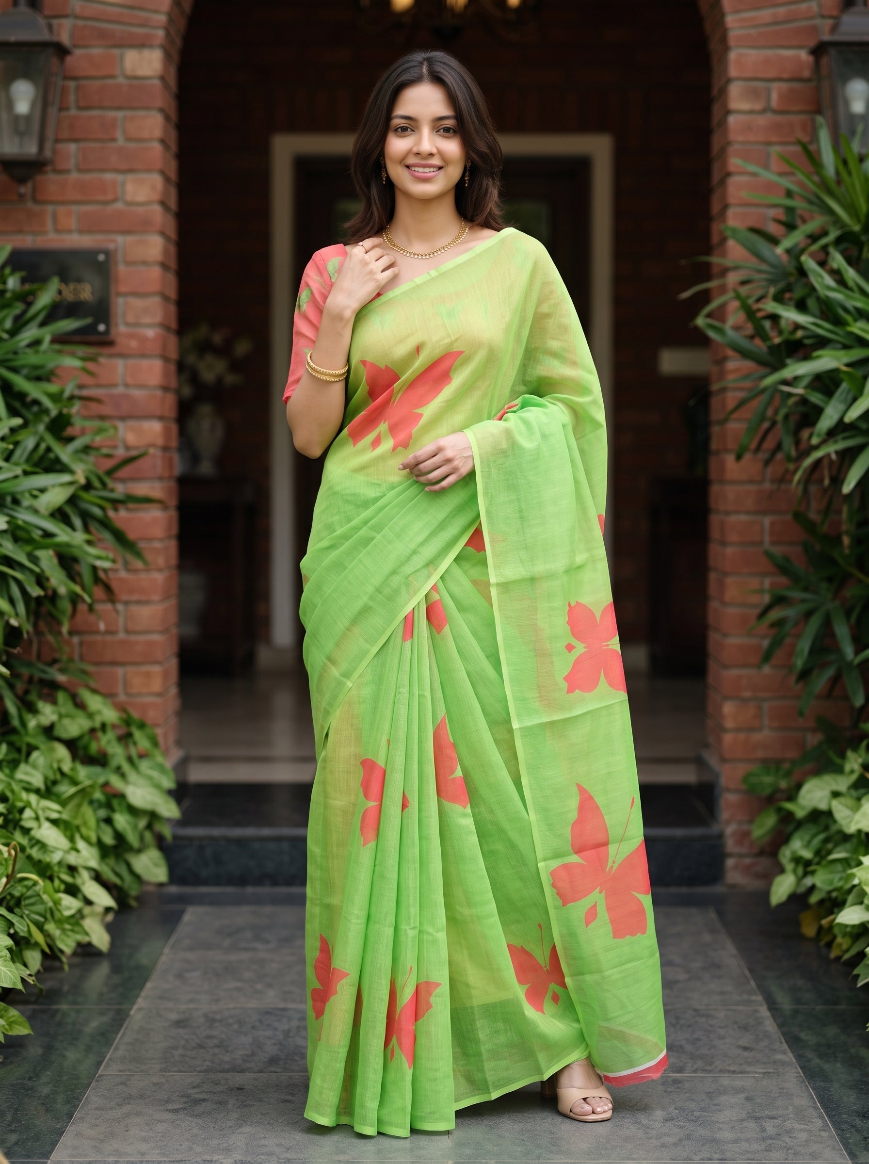 A woman wearing a bright lime green saree with coral-pink floral prints and a matching pink blouse, standing in front of a brick doorway with green plants on both sides.