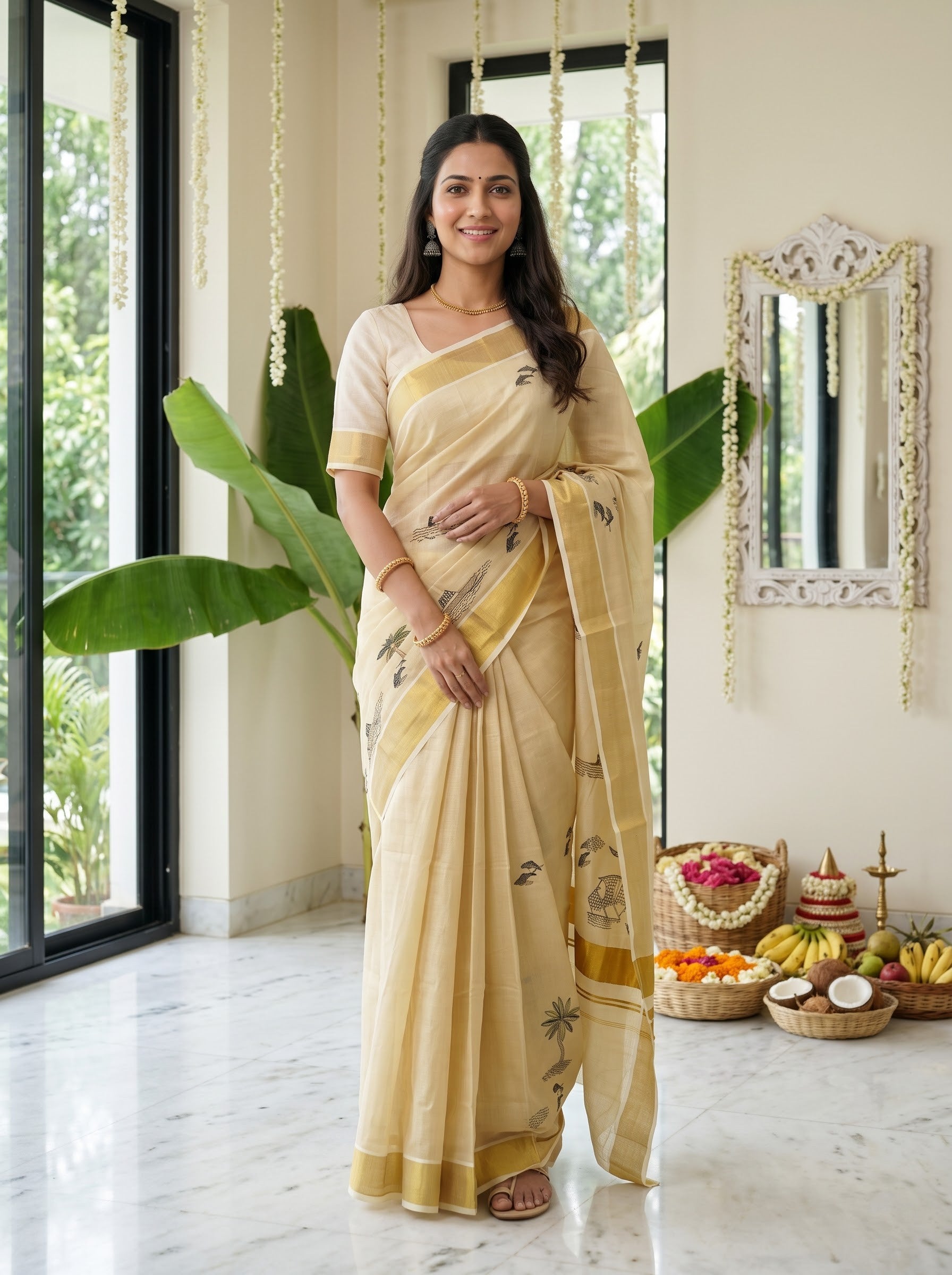 Tissue Cream Multicolor Fishing Village Embroidered Onam Special Kerala Saree