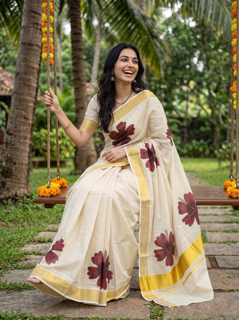 A woman wearing a cream-colored cotton saree with yellow borders and dark red floral prints, sitting on a wooden swing in a tropical garden setting.