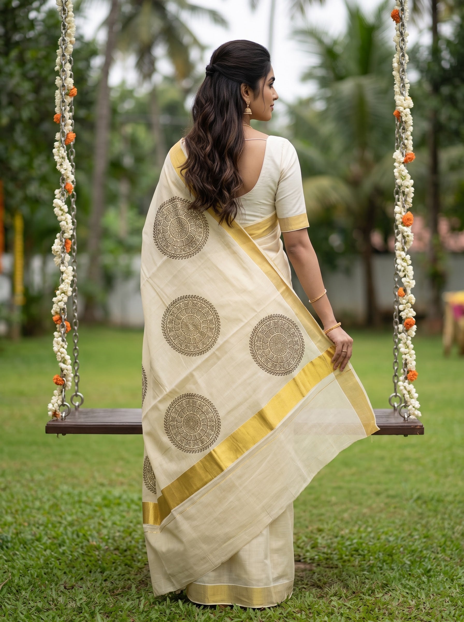 A woman stands on a swing in a garden wearing a cream-colored saree with gold border and circular motifs, viewed from behind.