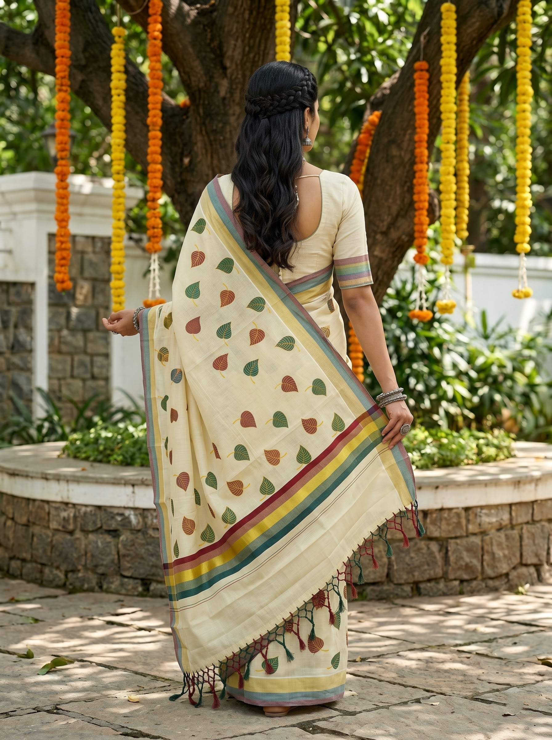 Tissue Cream Multicolor Leaf Print Onam Special Kerala Saree