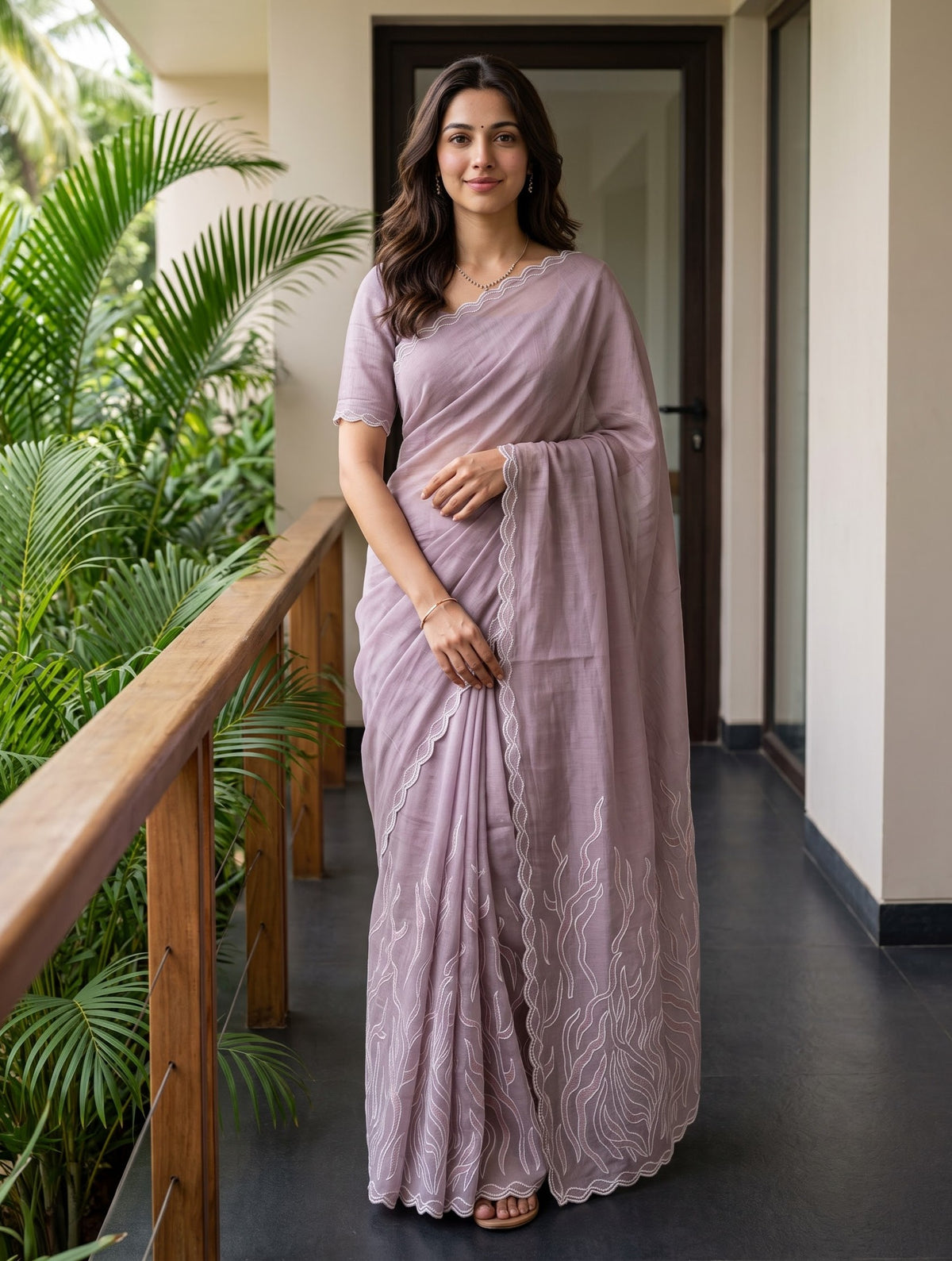 Chanderi Dusty Lavender Abstract Flame Motif Saree