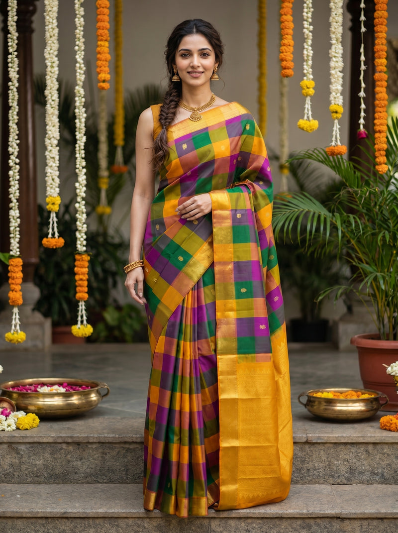 Woman in a colorful saree standing outdoors with decorative elements in the background