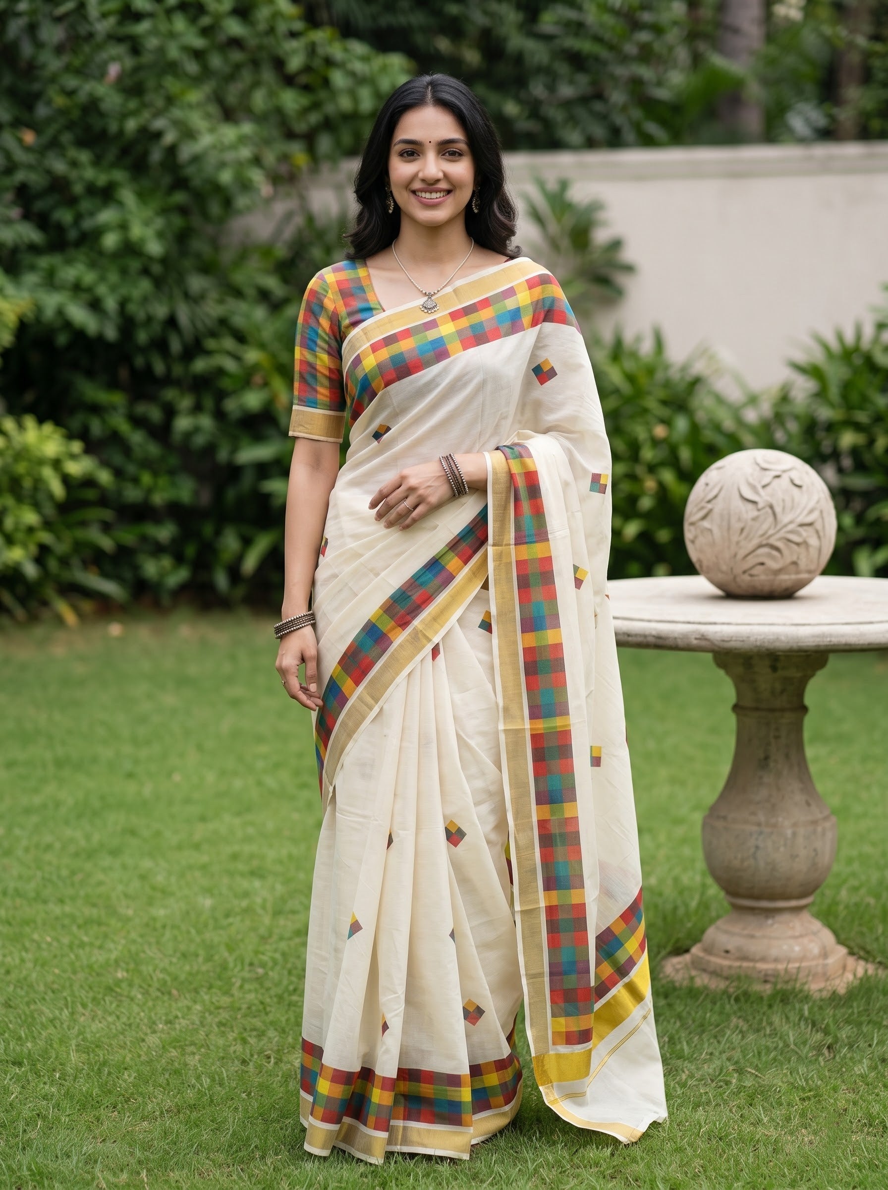 Cotton Cream Plain with Multicolor Checkered Border and Booti Onam Special Kerala Saree