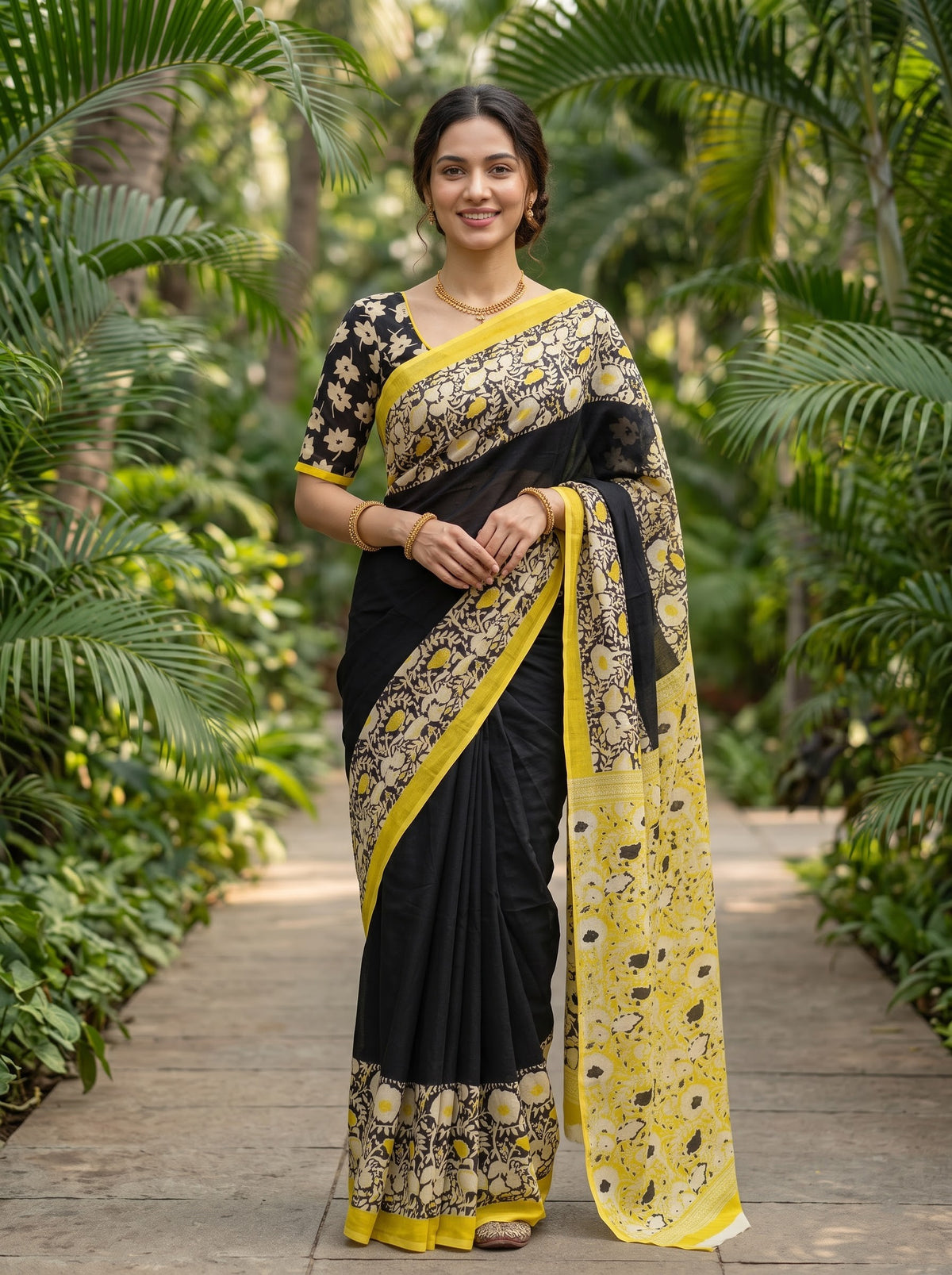 Cotton Black Saree with Yellow Floral Jaal Printed Pallu and Cream Flower Border