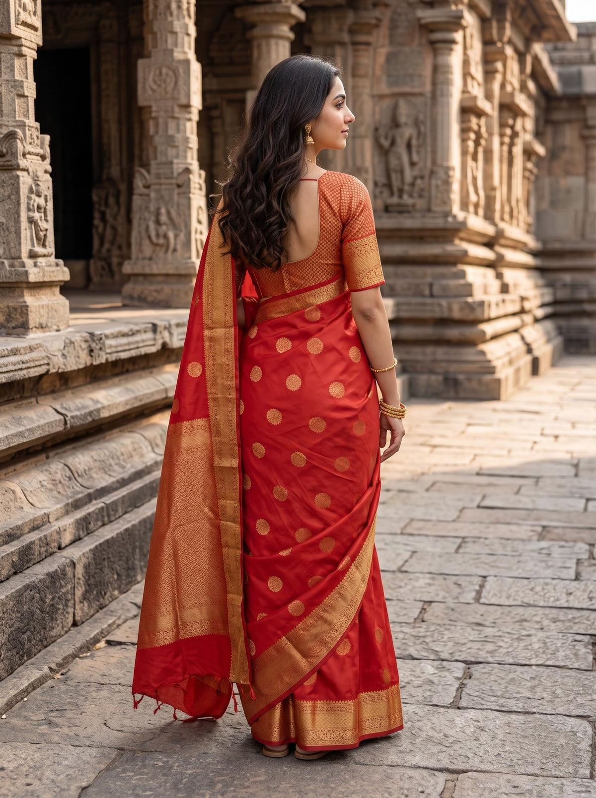 Semi Silk Red Saree Full Zari Pallu with Peacock Butta Body