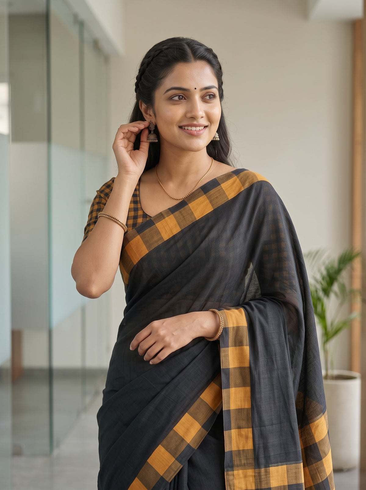 A woman wearing a black and mustard yellow checkered saree, standing in a modern indoor hallway with glass walls and a potted plant in the background.