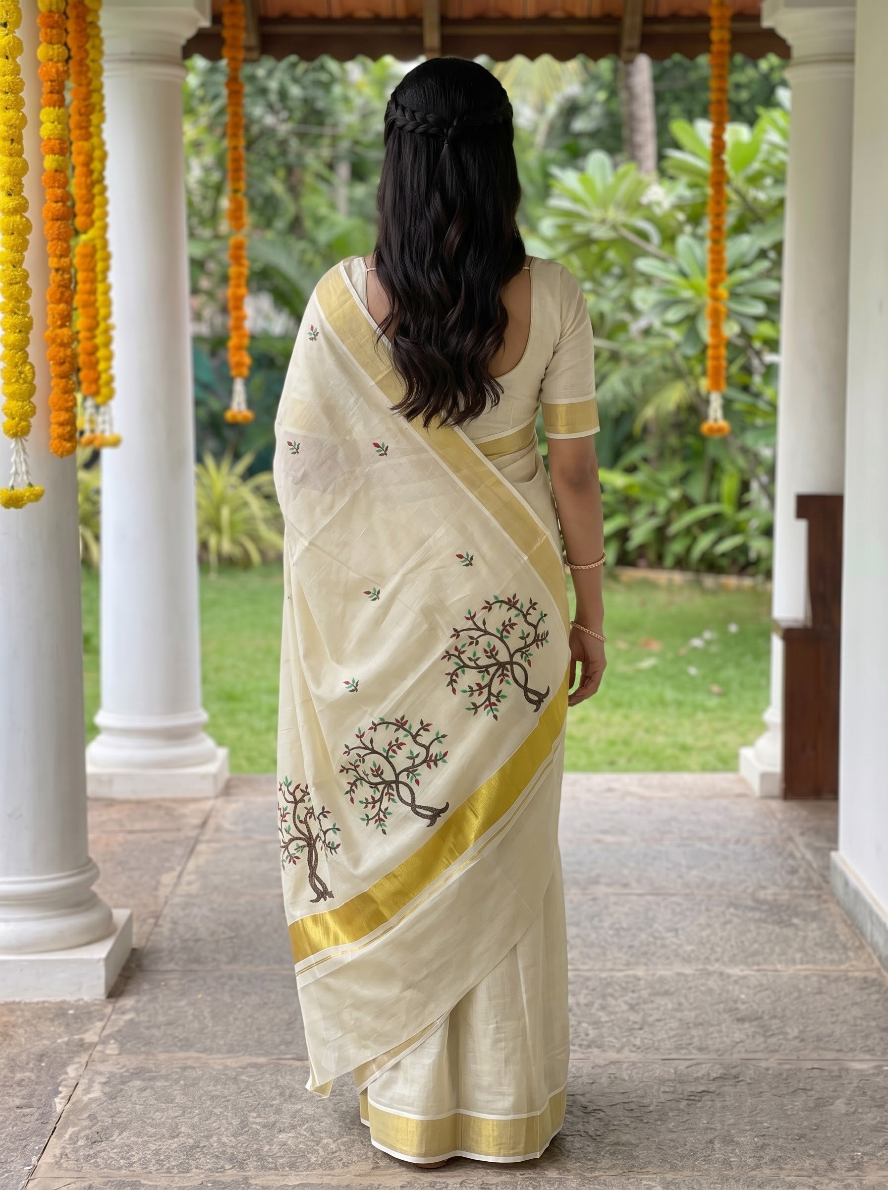 Tissue Cream Multicolor Leaf Butti with Gold Border for Onam Special Kerala Saree