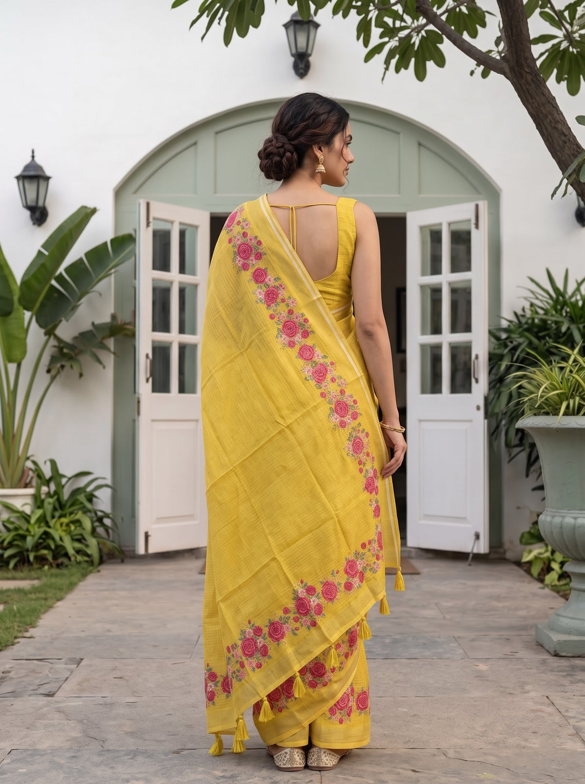 Semi Tussar Mustard Yellow Saree with Pink Rose Floral Print Pallu and Tassels