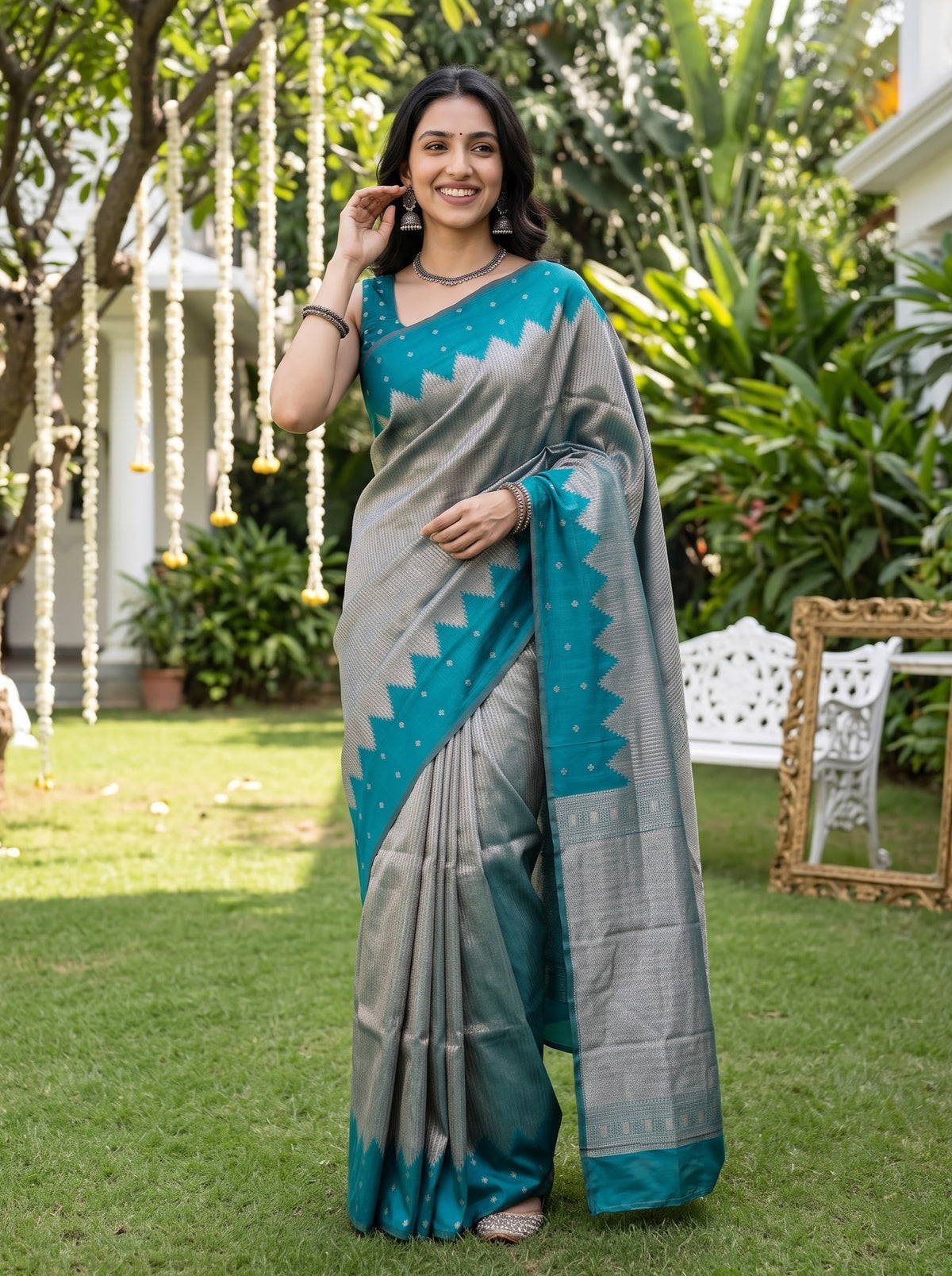 Semi Silk Teal Green Saree with Copper Zari Woven Pallu and Temple Border