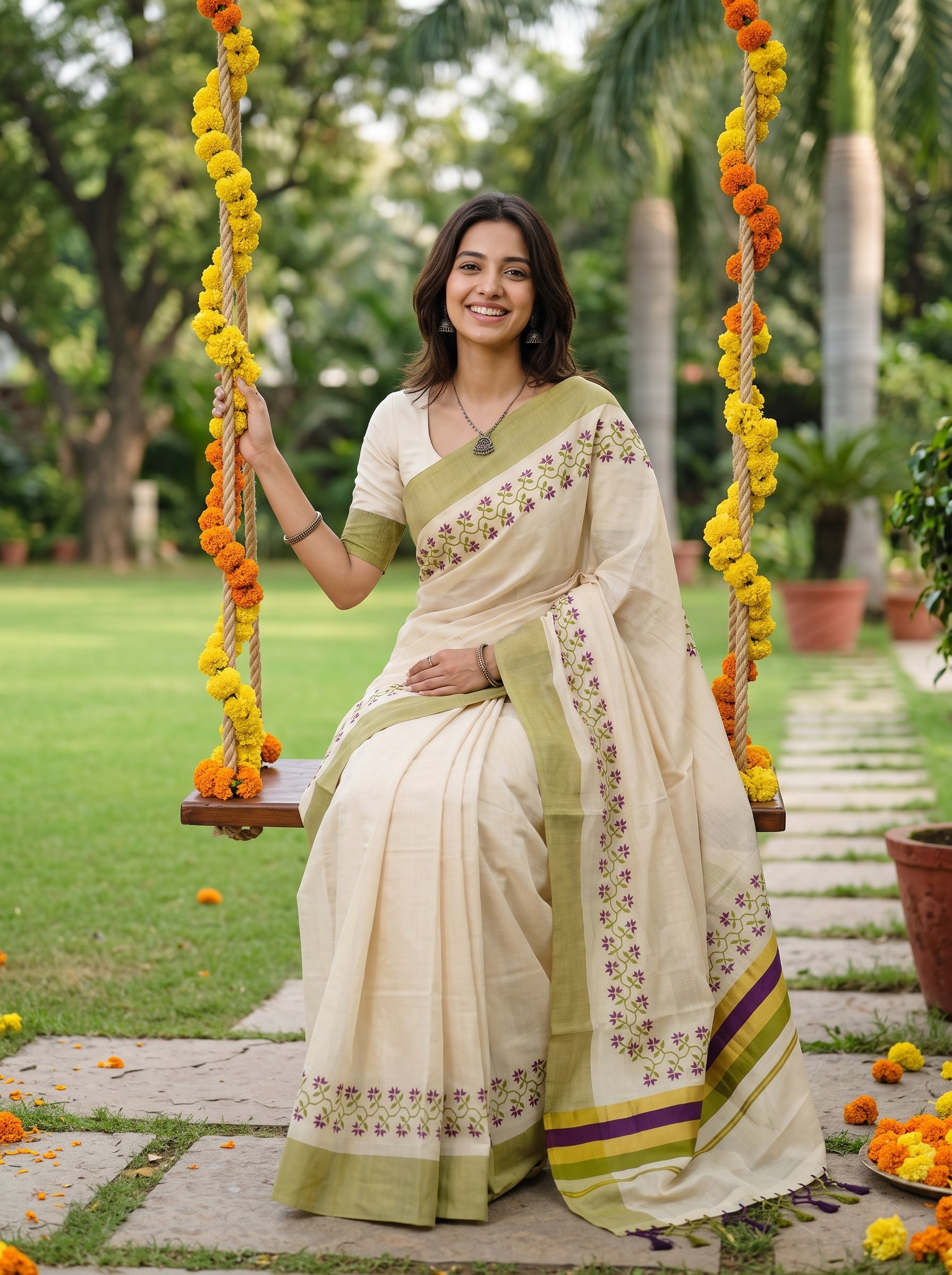 A woman wearing a cream and olive green embroidered saree sits on a swing decorated with yellow and orange marigold garlands in a lush garden setting.