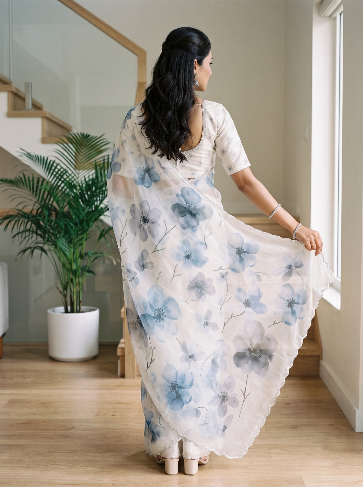 Organza Cream Saree with Blue Grey Watercolor Floral Print Pallu and Stone Scalloped Border