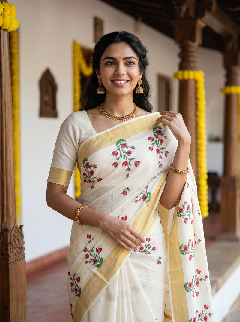 A woman wearing a cream-colored silk saree with red floral embroidery and a yellow border, standing in a traditional indoor setting with wooden pillars and yellow garlands.