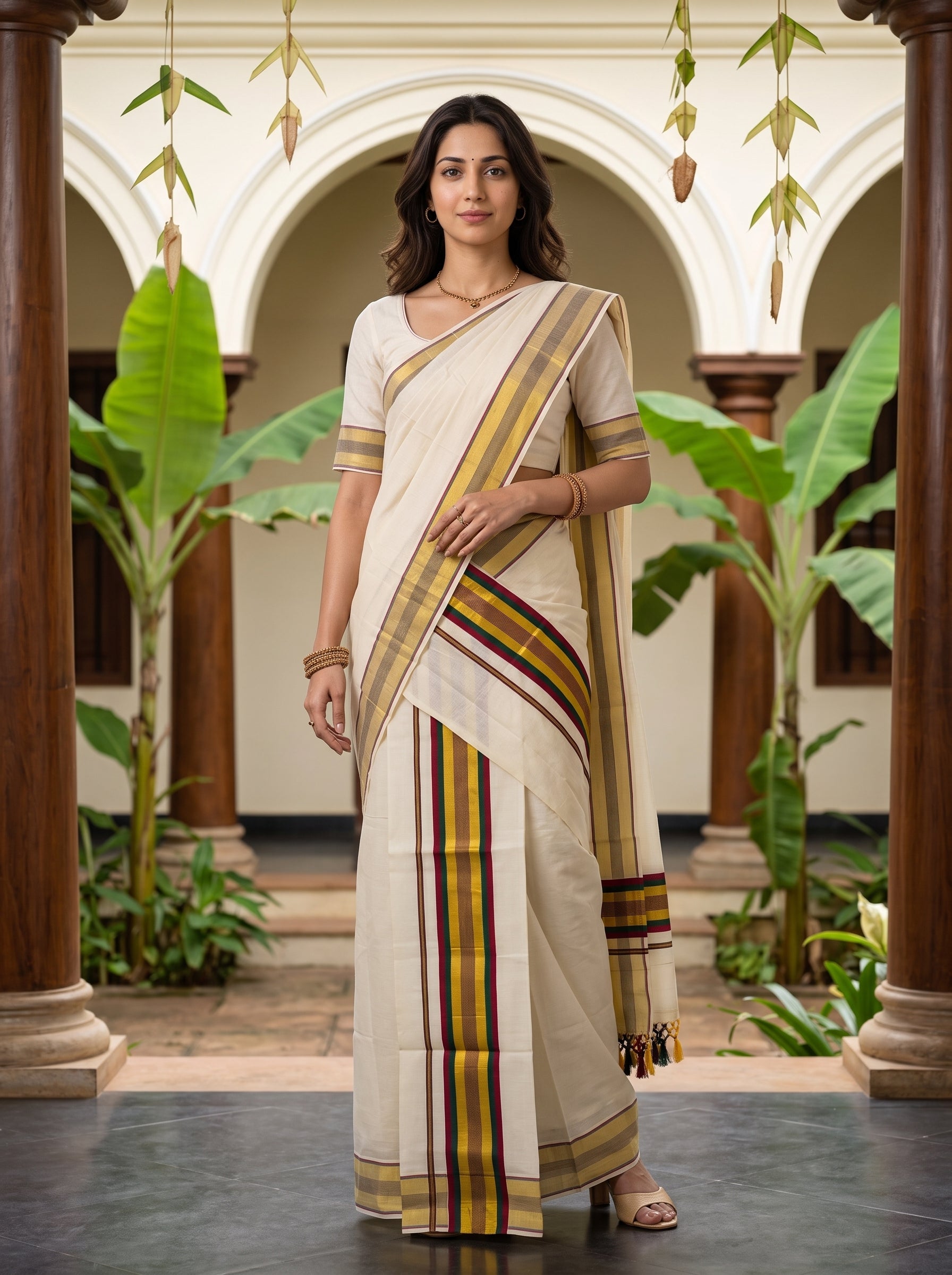 A woman modeling a cream-colored cotton saree with mustard yellow, brown, and maroon stripes, standing in a traditional courtyard with arches and green plants.