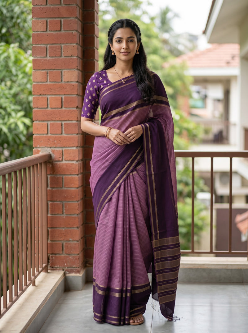 A woman wearing a purple and magenta saree with gold stripes stands on a balcony next to a brick pillar.