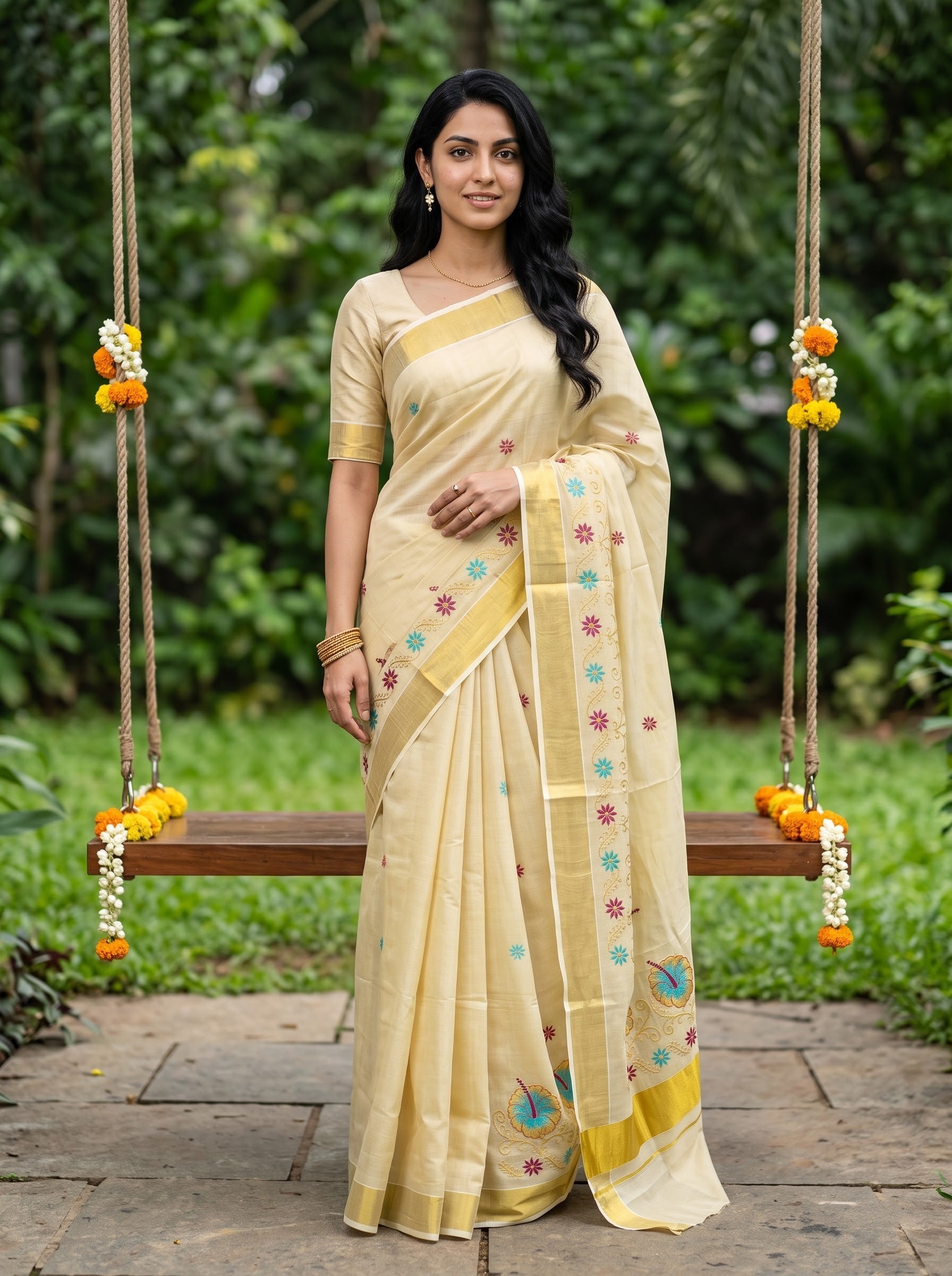 Tissue Cream Golden Teal Hibiscus Floral Print Onam Special Kerala Saree with Star Butti