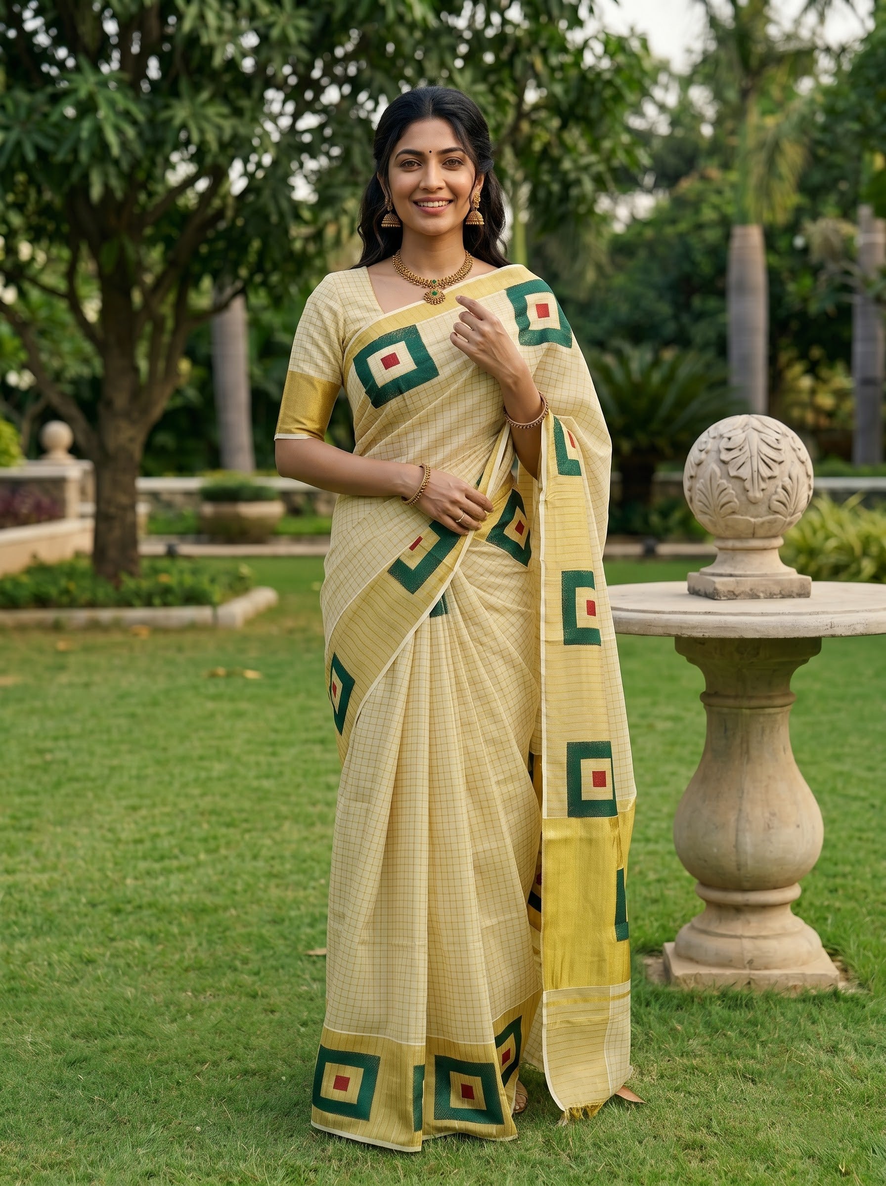 Tissue Cream Gold Checked Green Square Print Onam Special Kerala Saree