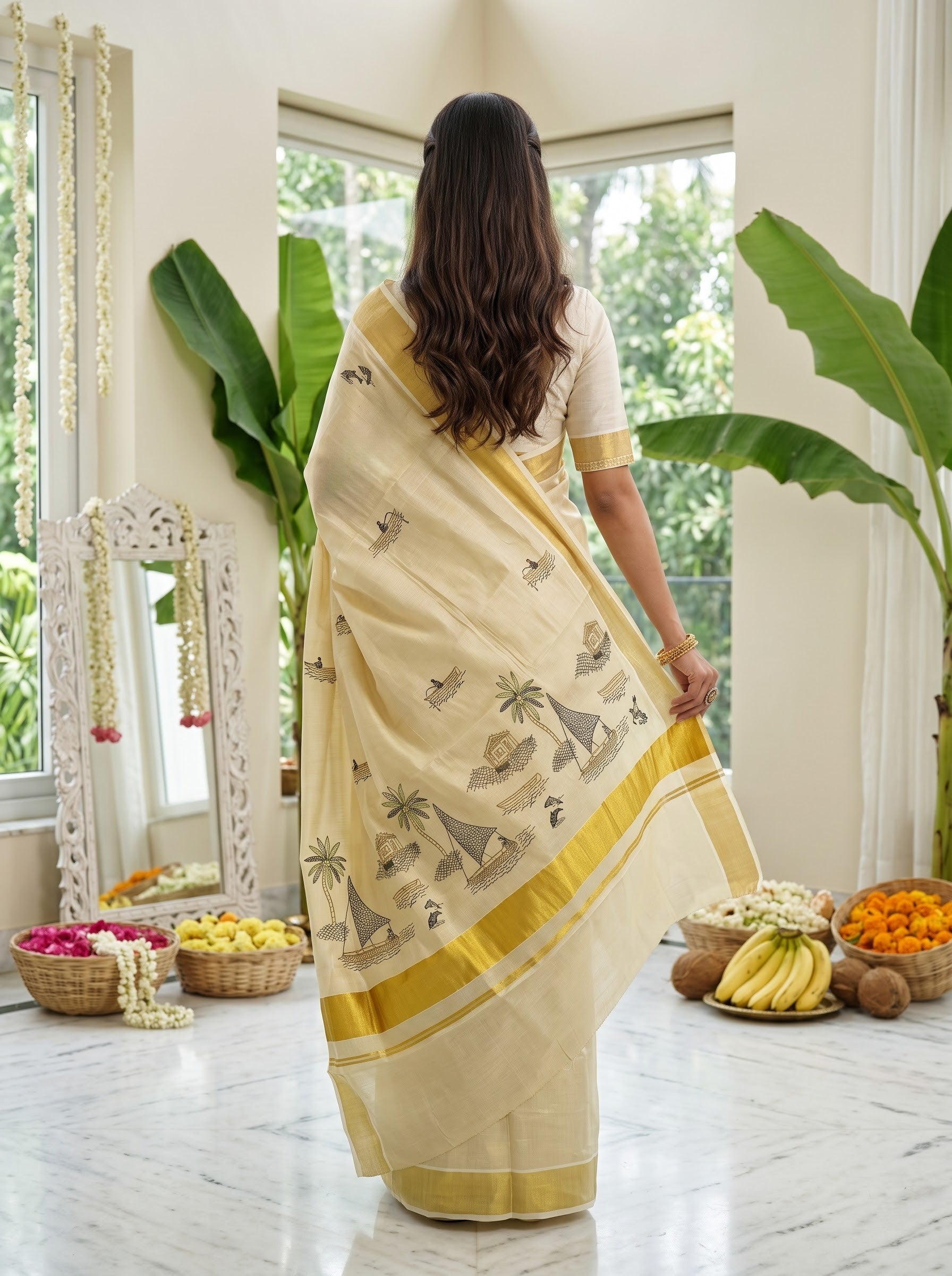 Tissue Cream Multicolor Fishing Village Embroidered Onam Special Kerala Saree