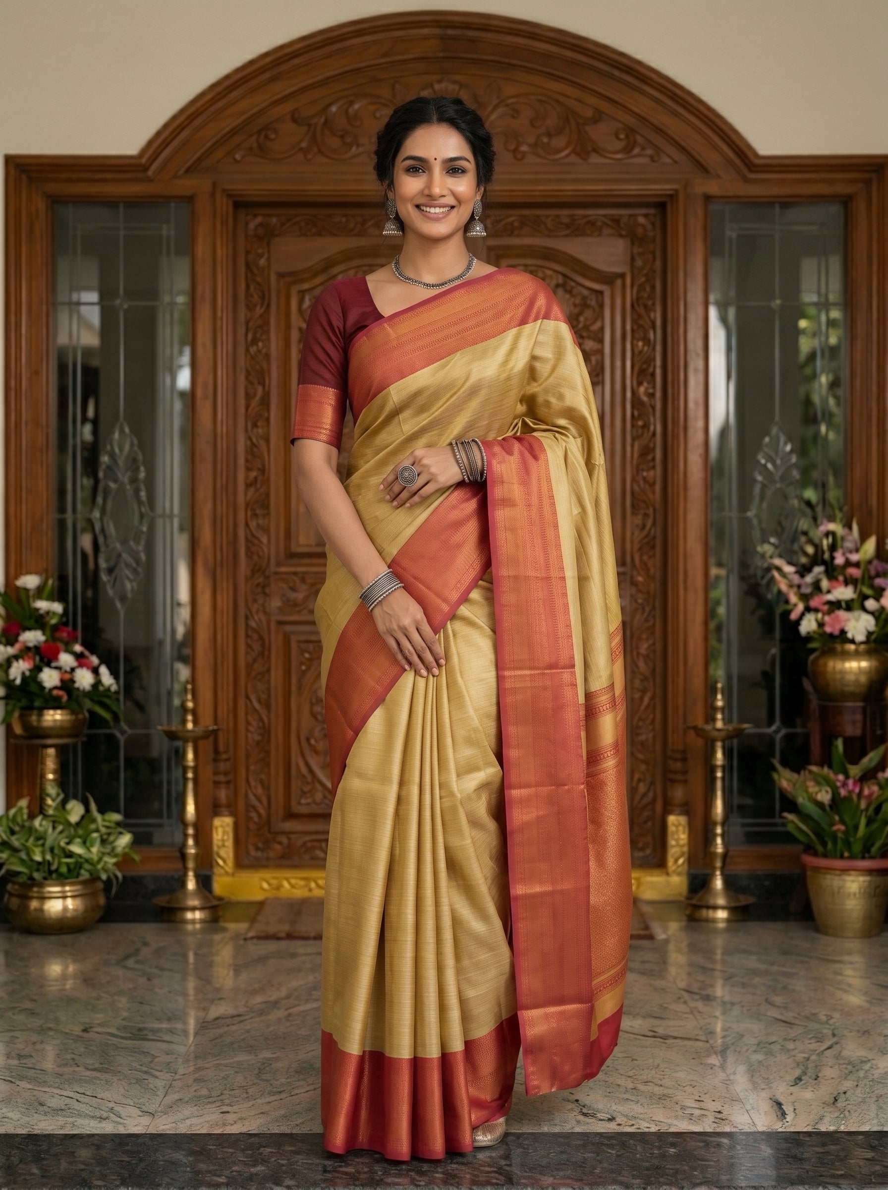 A woman wearing a traditional Indian silk saree with a gold body, orange border, and maroon blouse, standing in front of an ornate carved wooden door.