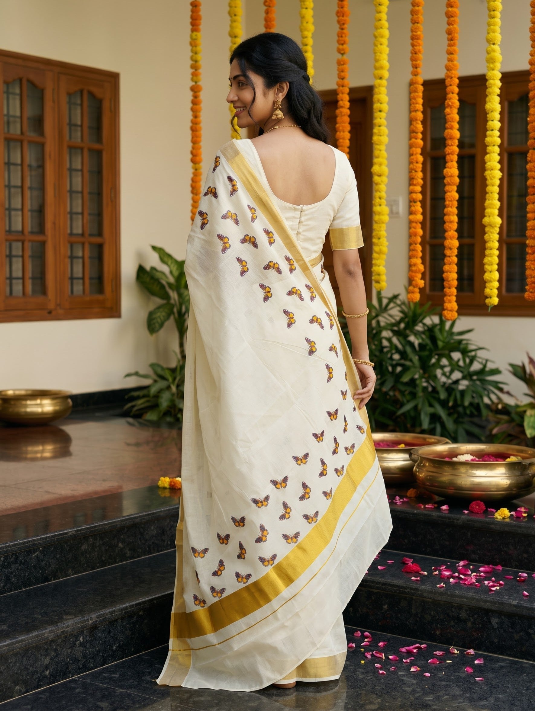 Cotton Off-White Violet Butterfly Print With Golden Border Onam Special Kerala Saree