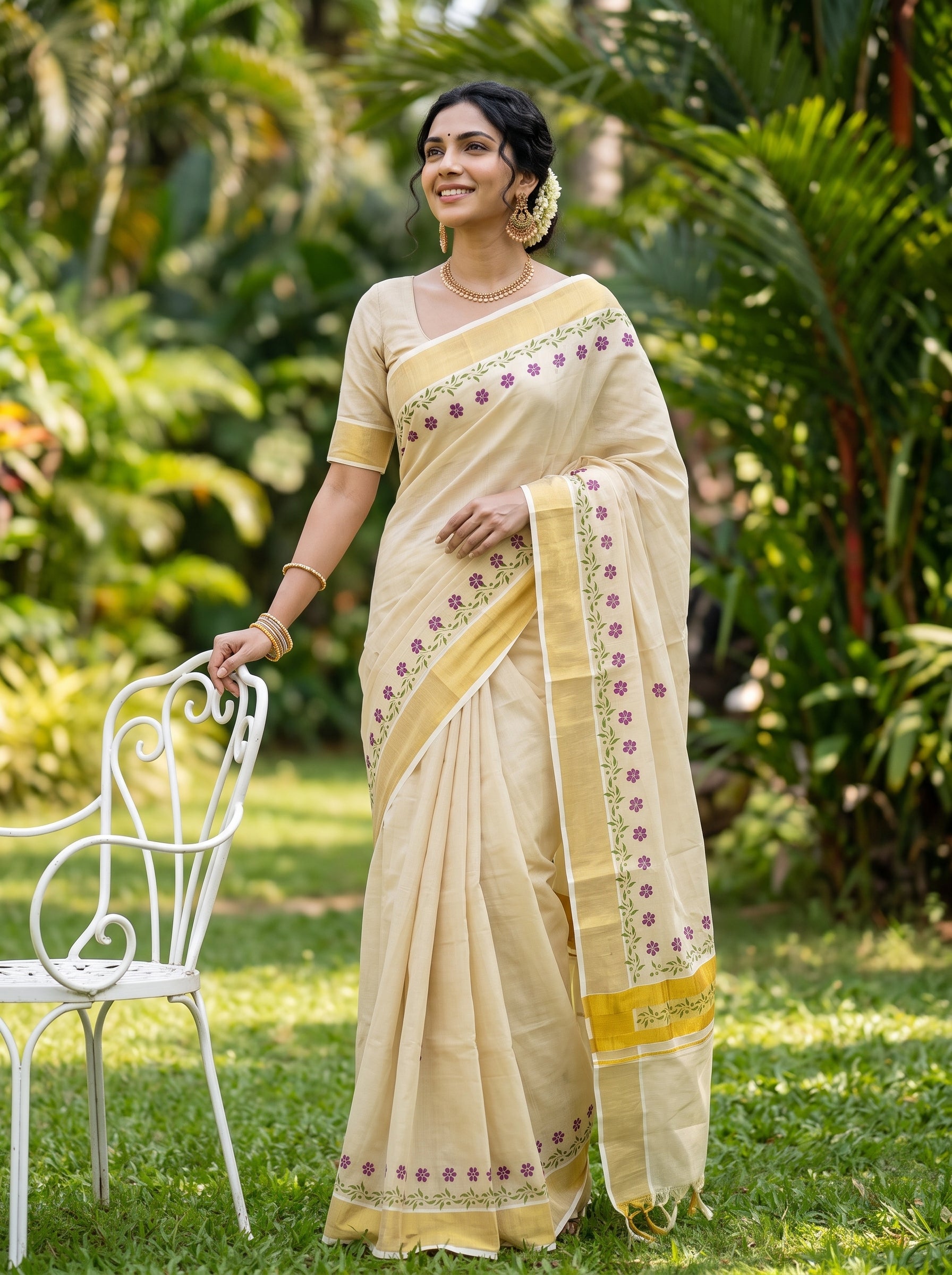 A woman wearing a light beige cotton saree with yellow and purple floral border patterns, standing in a lush green garden next to a white metal chair.