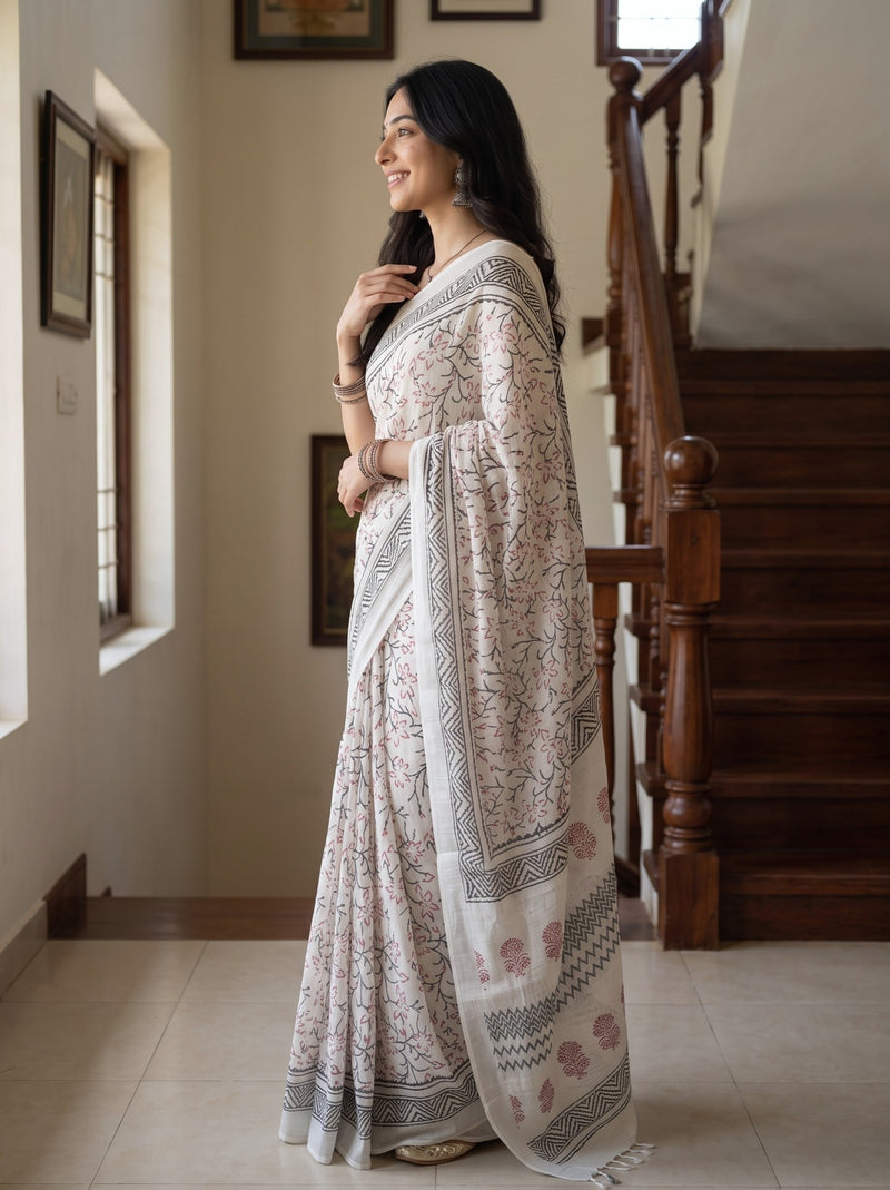 A woman wearing a light beige and white printed saree with pink floral motifs and gray borders, standing in a home hallway next to a wooden staircase.