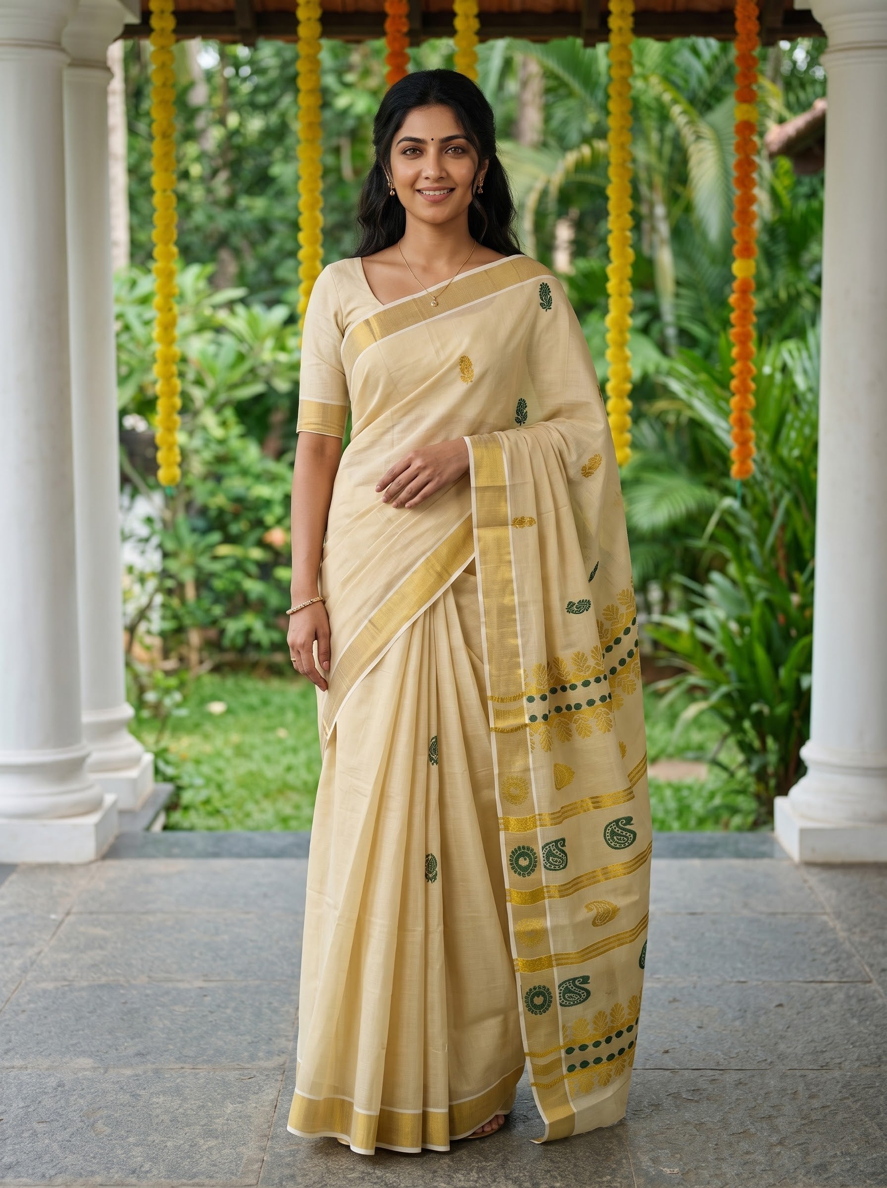 Tissue Golden Cream Paisley Border with Green Zari Stripe Pallu Onam Special Kerala Saree
