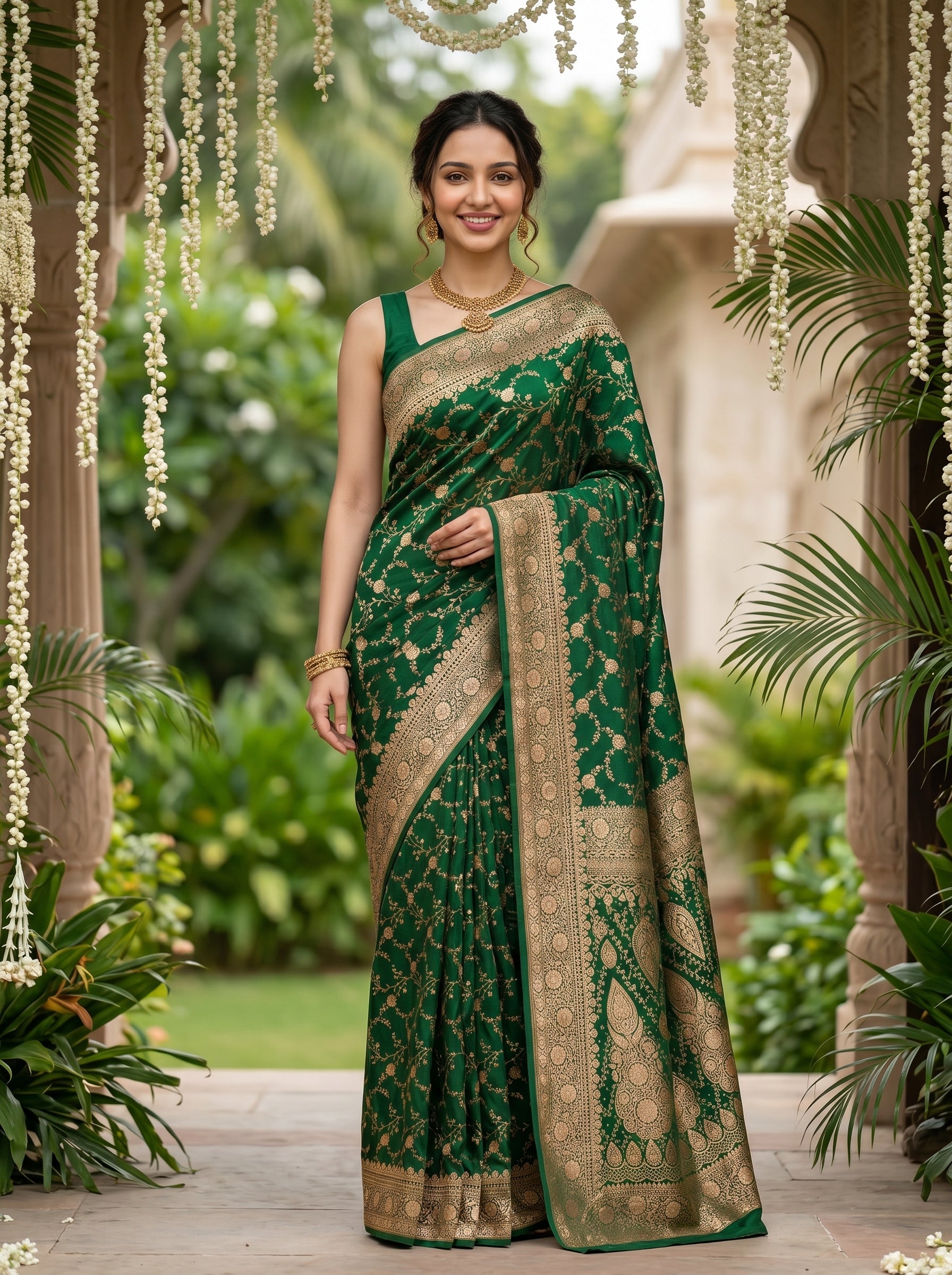Woman wearing a green saree with gold patterns in an outdoor setting with greenery.