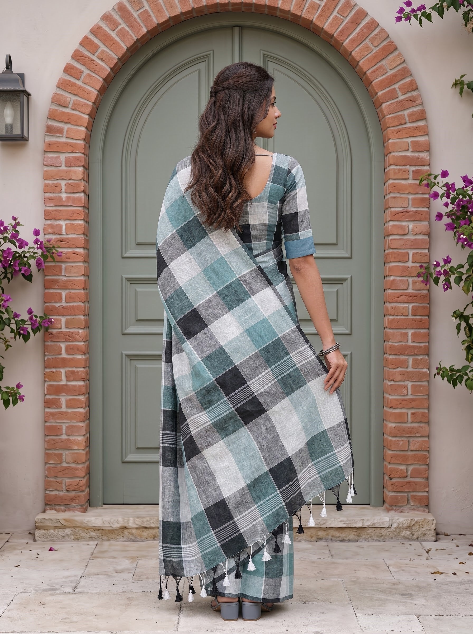 Linen Teal Grey Black Madras Kattam Tasseled Saree