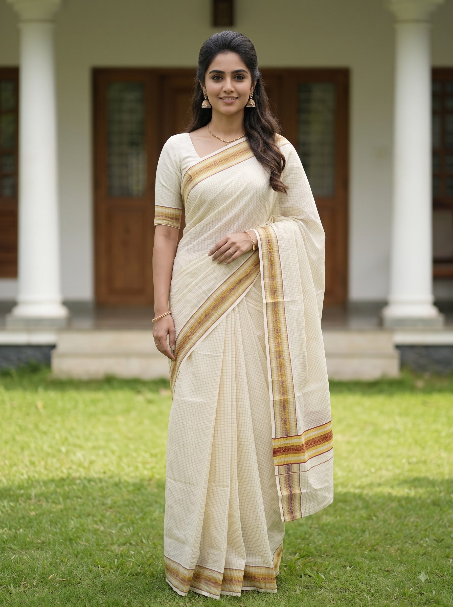A woman wearing a cream-colored cotton saree with gold and red striped borders, standing on a green lawn in front of a house with white pillars and wooden doors.