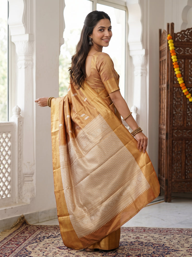 A woman wearing a golden silk saree with a beige and gold border, standing in a traditional Indian courtyard.