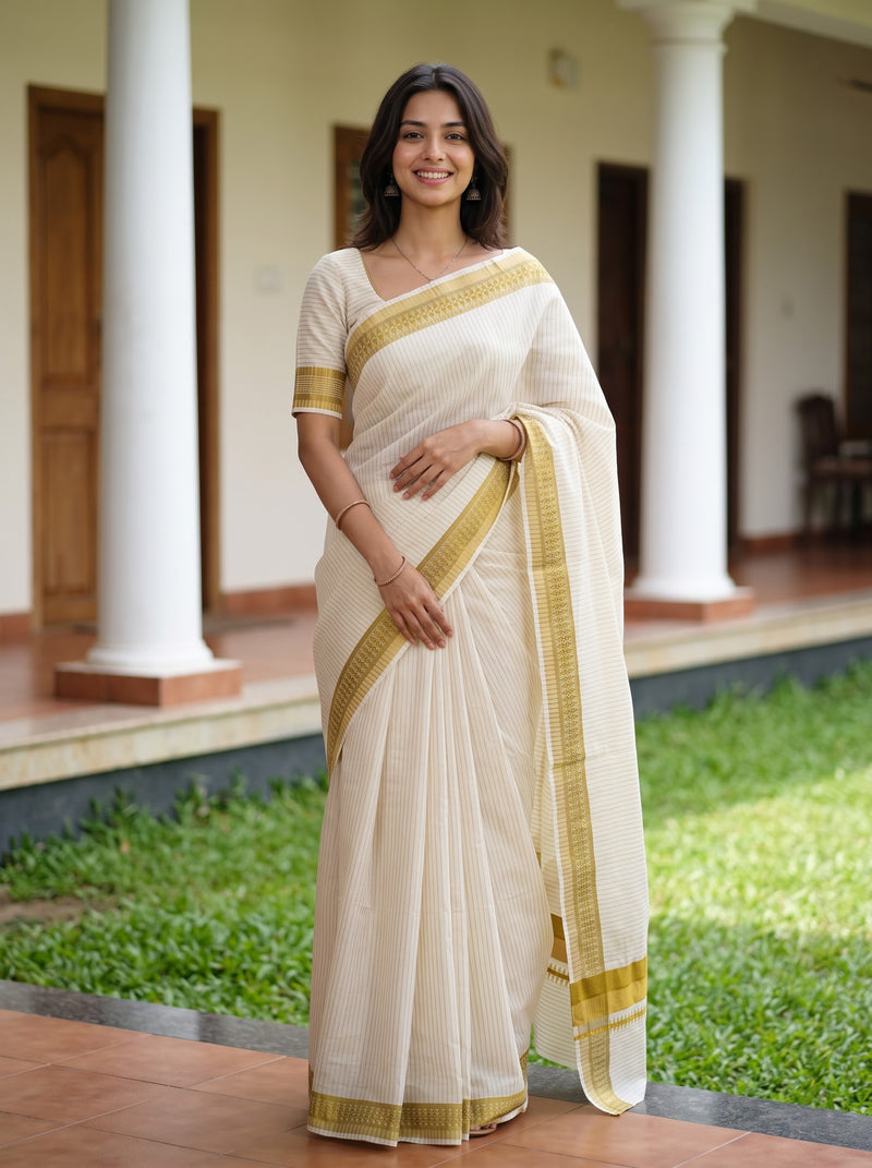 A woman wearing a cream-colored cotton saree with gold border accents, standing outdoors in front of a building with white pillars and green grass.