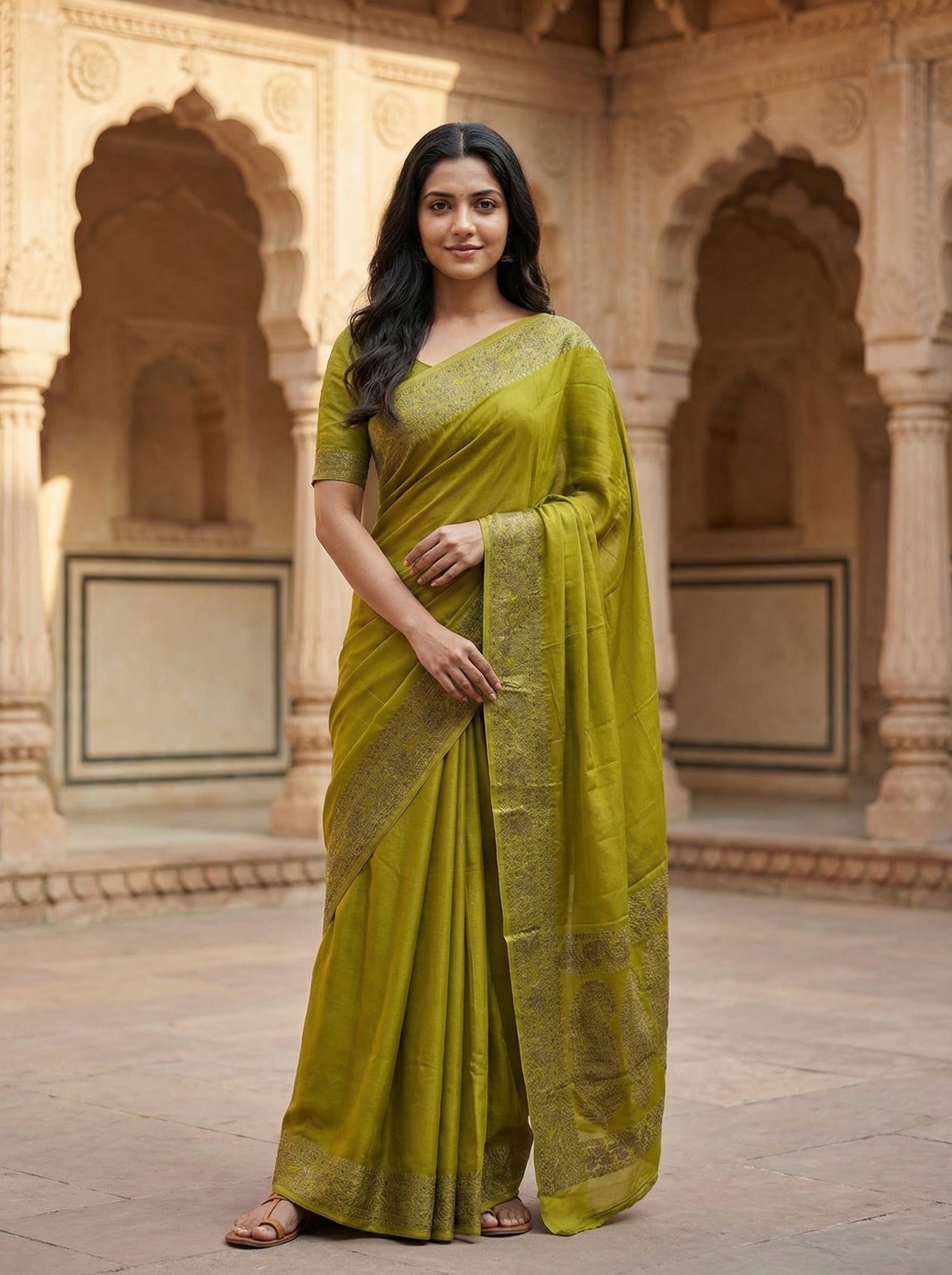 Georgette Banarasi Mehendi Green Silver Zari Border Saree