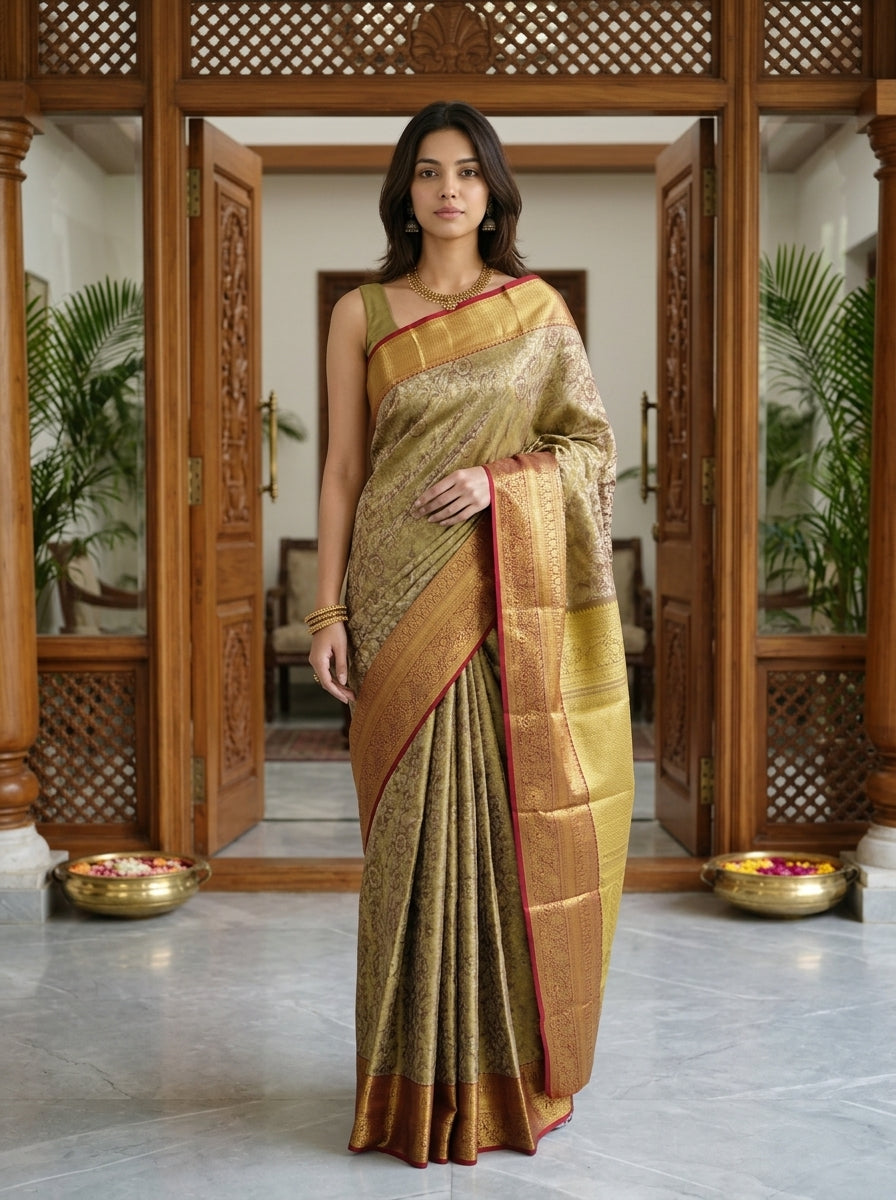 Woman in a traditional saree standing in a decorated room with wooden doors and plants.