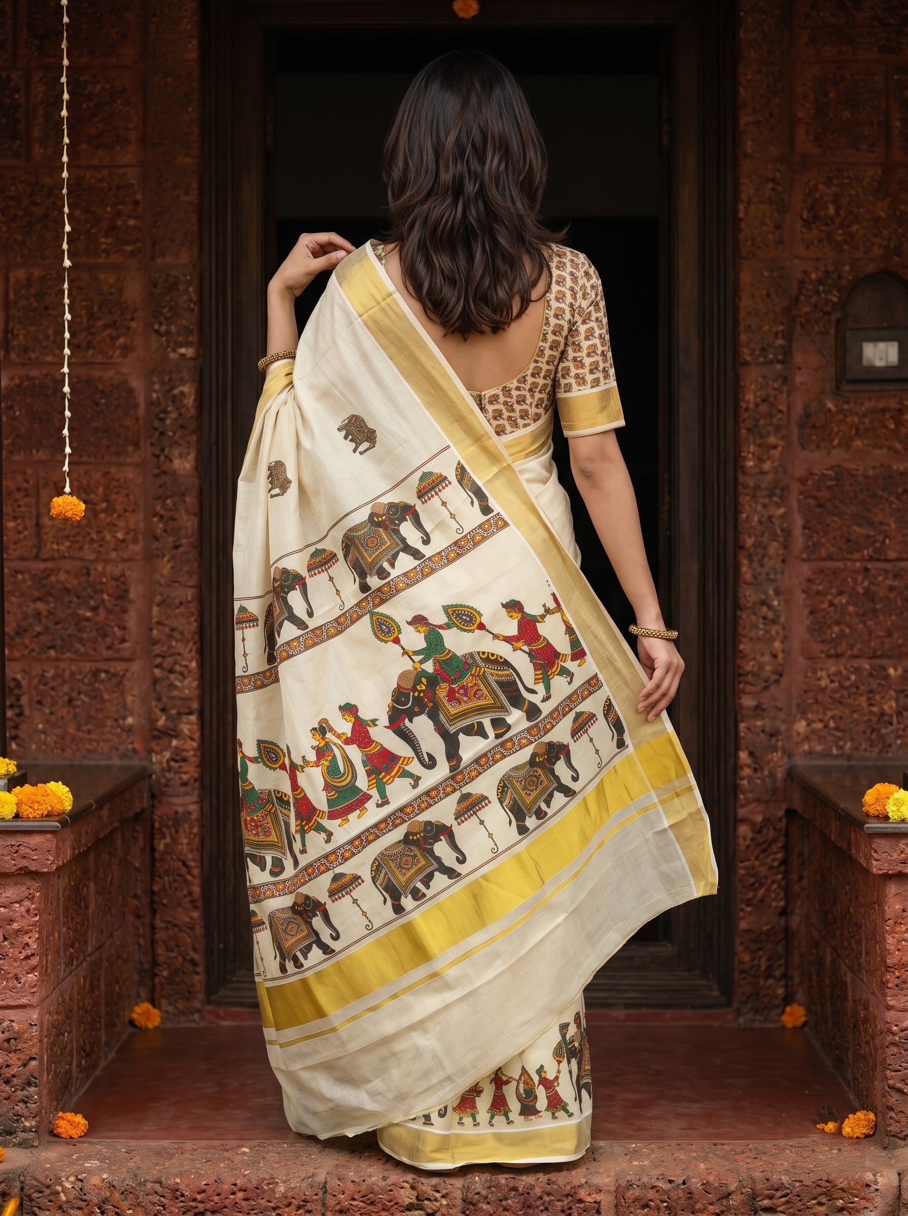 Tissue Cream Multicolor Elephant Procession Print Onam Special Kerala Saree