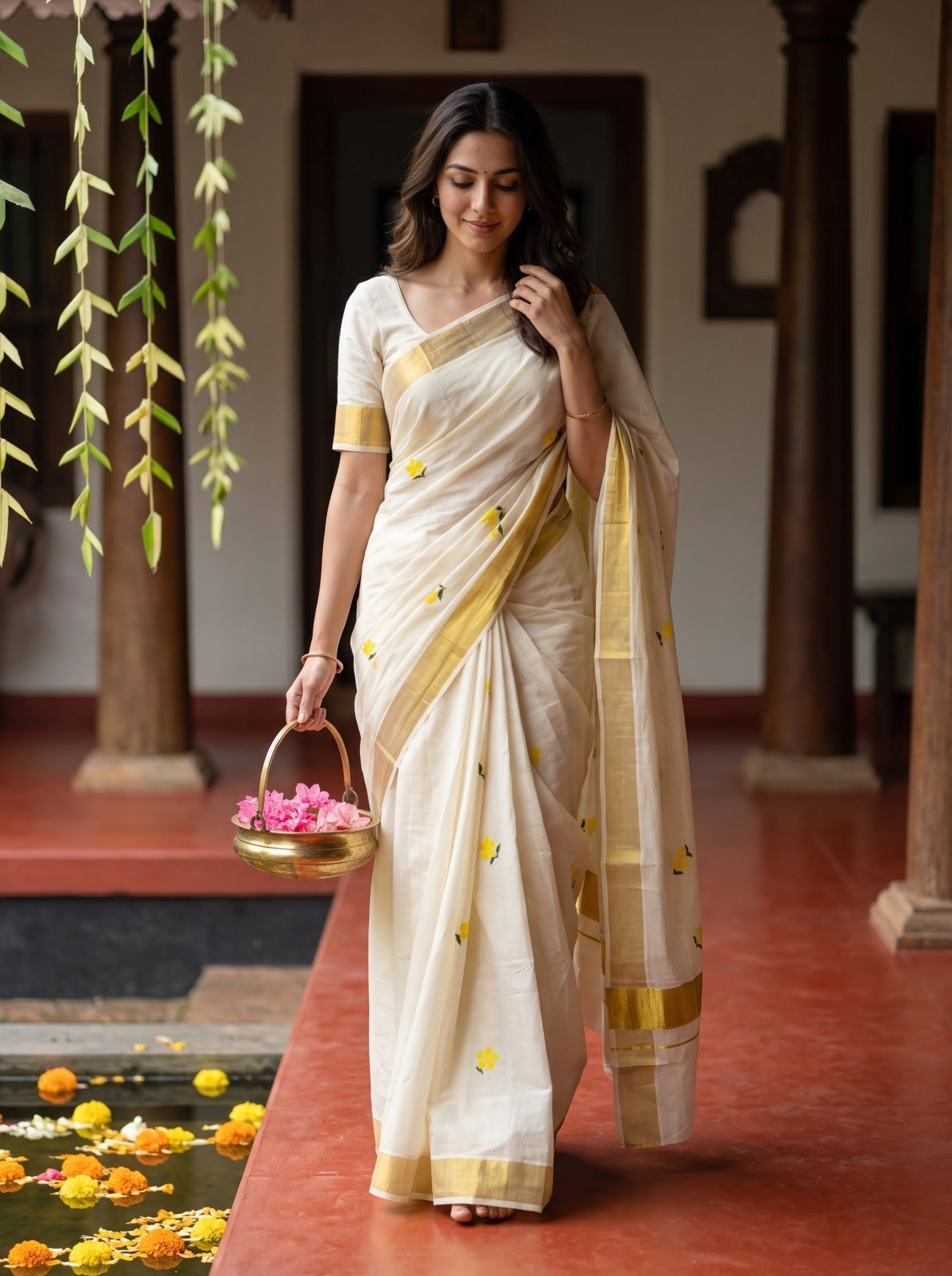 Cotton Off-White Yellow Floral Buti Print Onam Special Kerala Saree